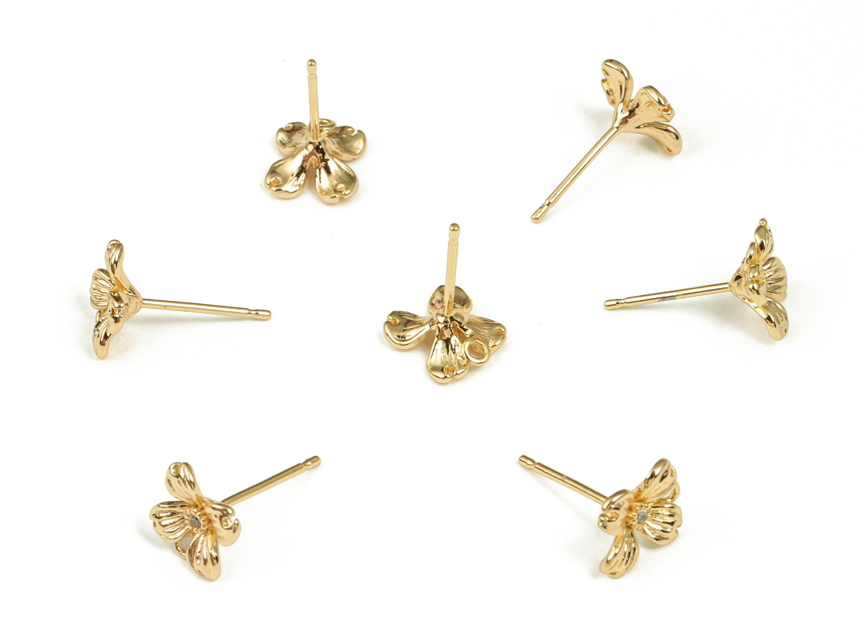 Brass Flower Earring Stud With Zircons - Gold Flower Earring Post - Brass Stud - 18K Real Gold Plated Brass – 8.75x7.94x2.06mm - RGP3589 - DOMEDBAZAAR