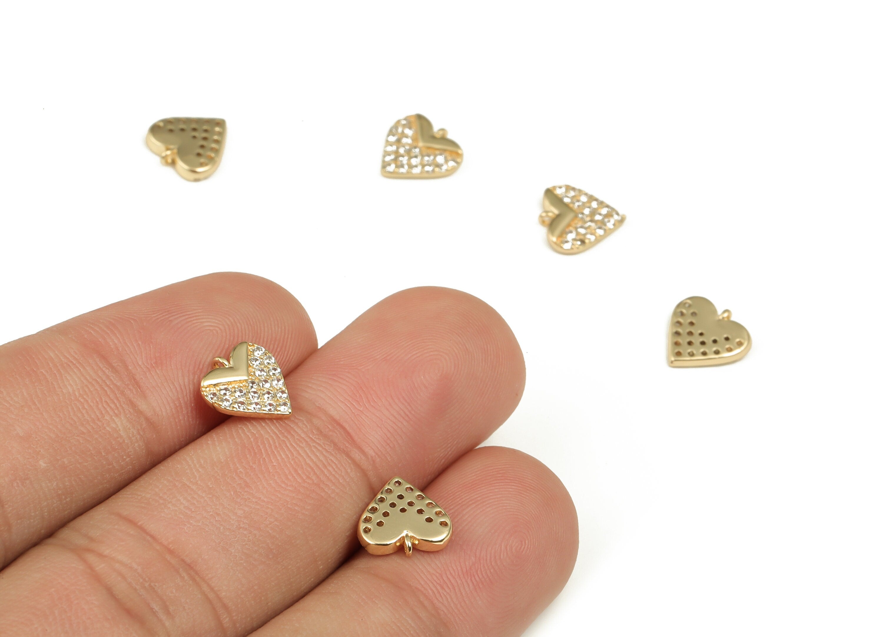 Brass Heart Earring Charms - Zircons Dainty Love Heart Pendant - 18K Real Gold Plated Brass - Jewelry Supplies - 9.01x8.62x1.75mm - RGP3633 - DOMEDBAZAAR