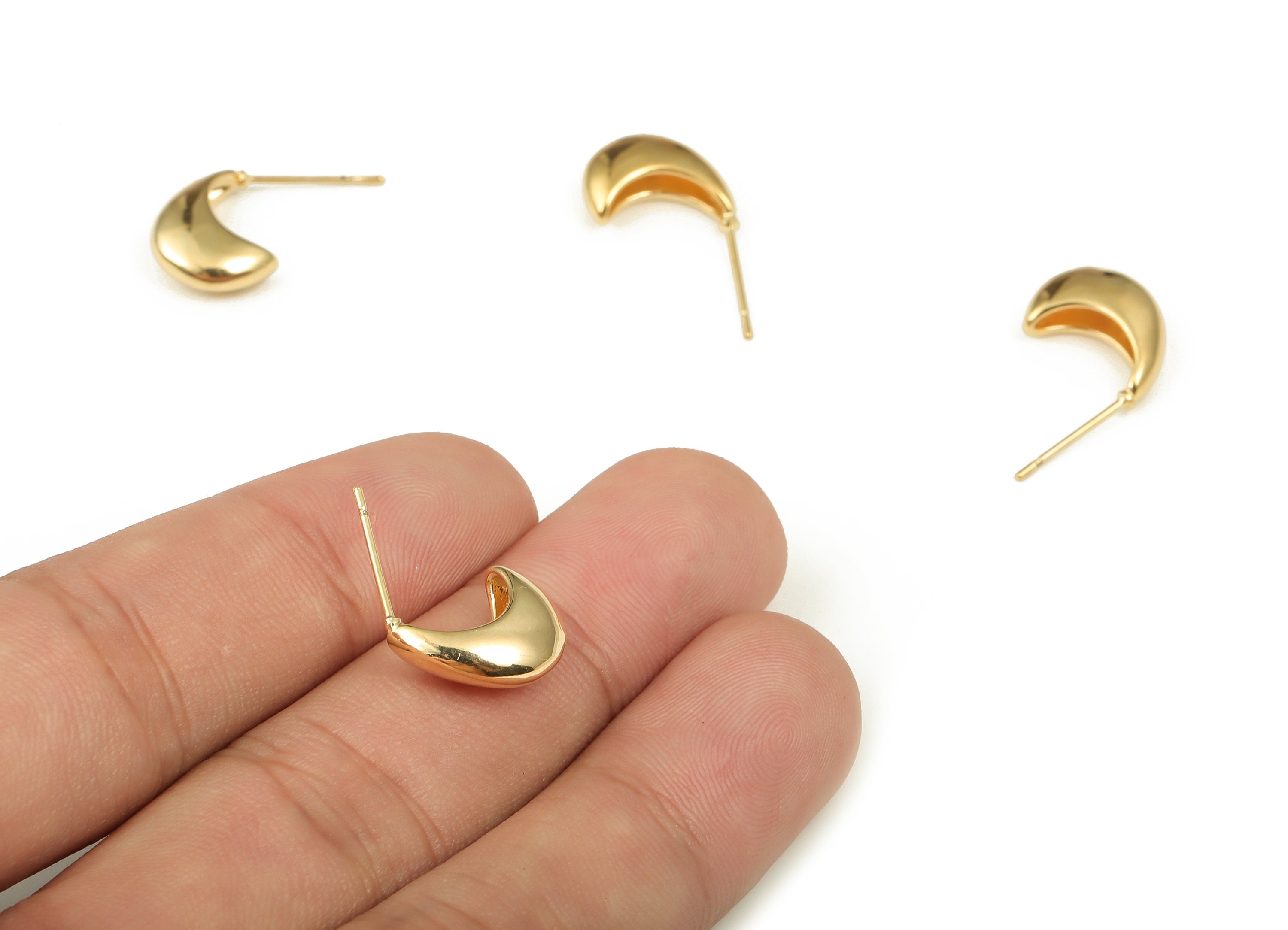 Brass Crescent Earring Post - Gold Moon Earring Stud - 18K Real Gold Plated Brass - 18K Real Gold Plated Brass -14.42×10.26×4.81mm- RGP4012 - DOMEDBAZAAR