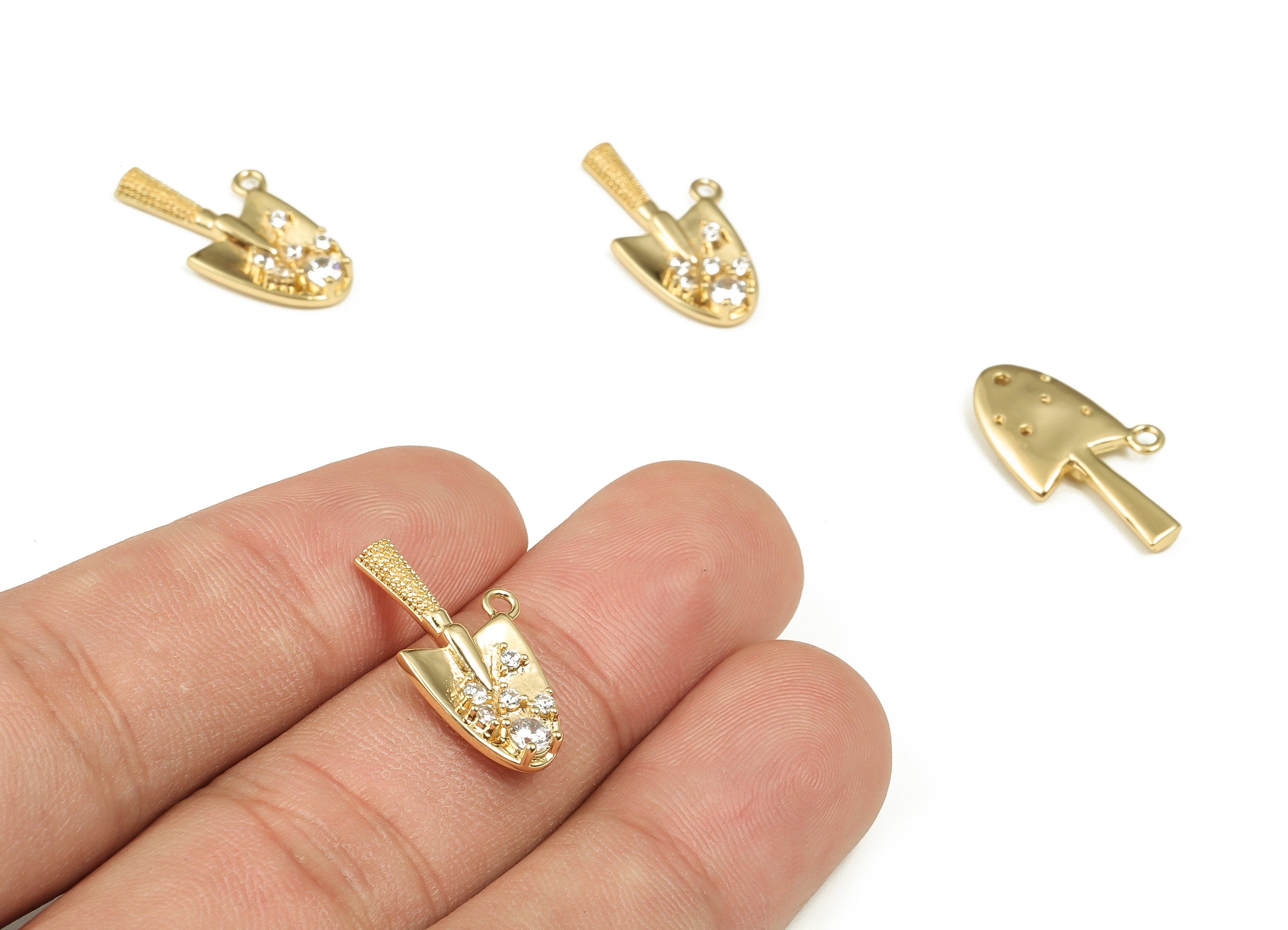 Brass Shovel Earring Charms with Zircons - Gold Hand Shovel Pendant Charm - 18K Gold Plated Brass - Jewelry Supplies - 21x12x2.1mm- RGP4026 - DOMEDBAZAAR