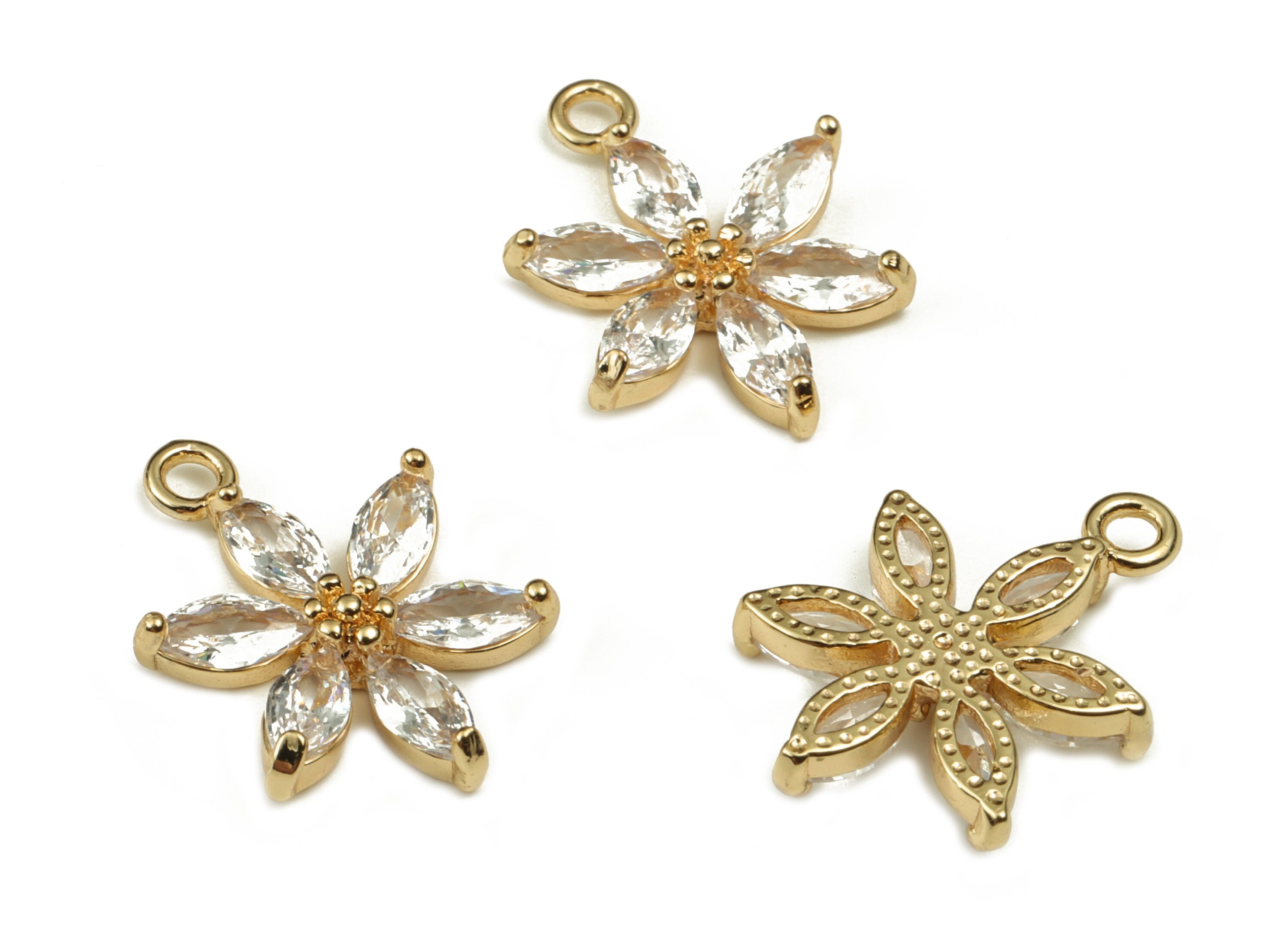 Brass Flower Earring Charms With Zircons - Gold Flower Pendant - 18K Real Gold Plated Brass - Jewelry Supplies - 18.92x15.29x3.2mm - RGP3936 - DOMEDBAZAAR