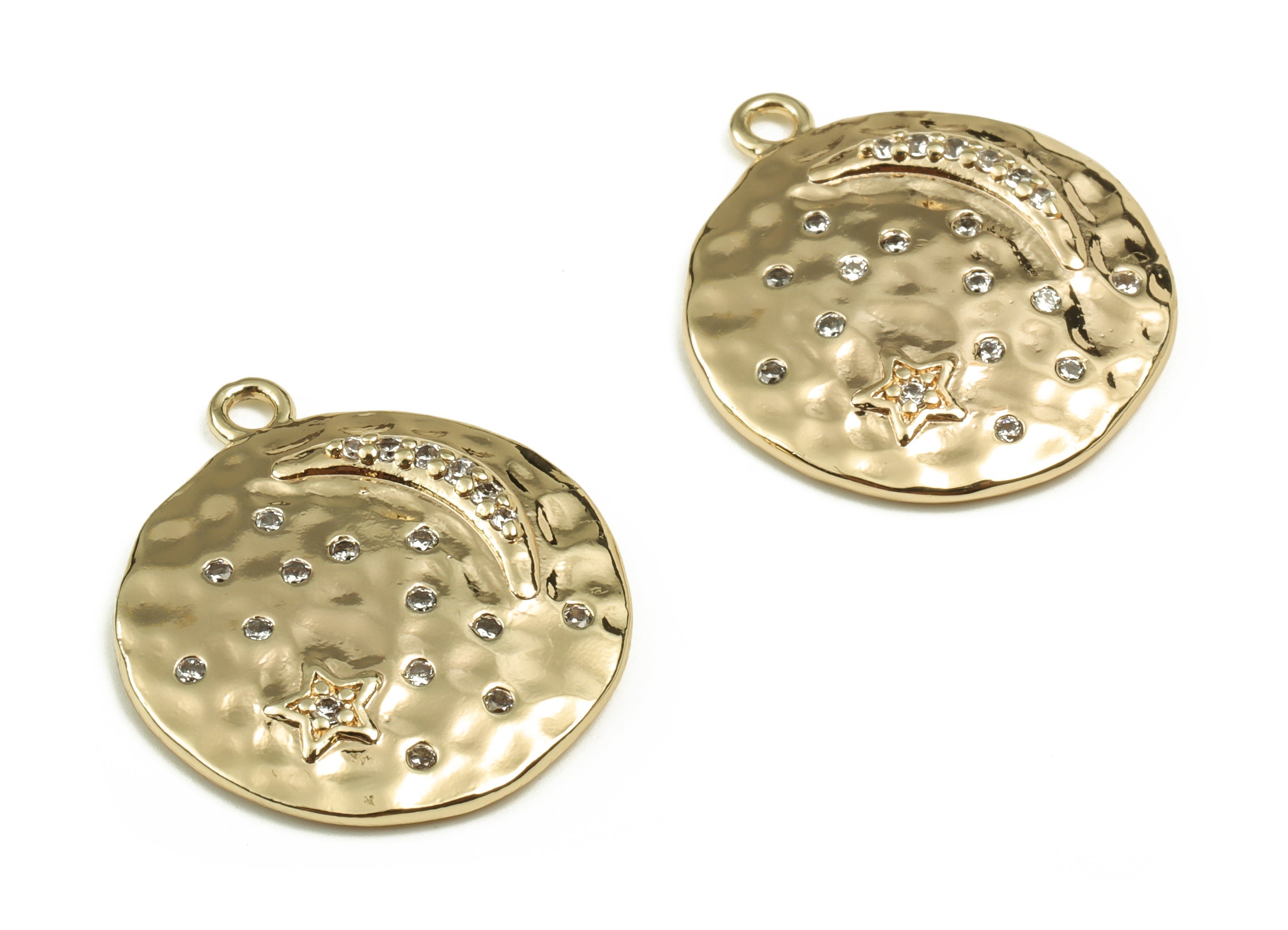 Brass Round Star Earring Charms With Zircons - Gold Circle Moon Pendant - 18K Real Gold Plated Brass - 24.5x21.45x3.1mm - RGP3396 - DOMEDBAZAAR