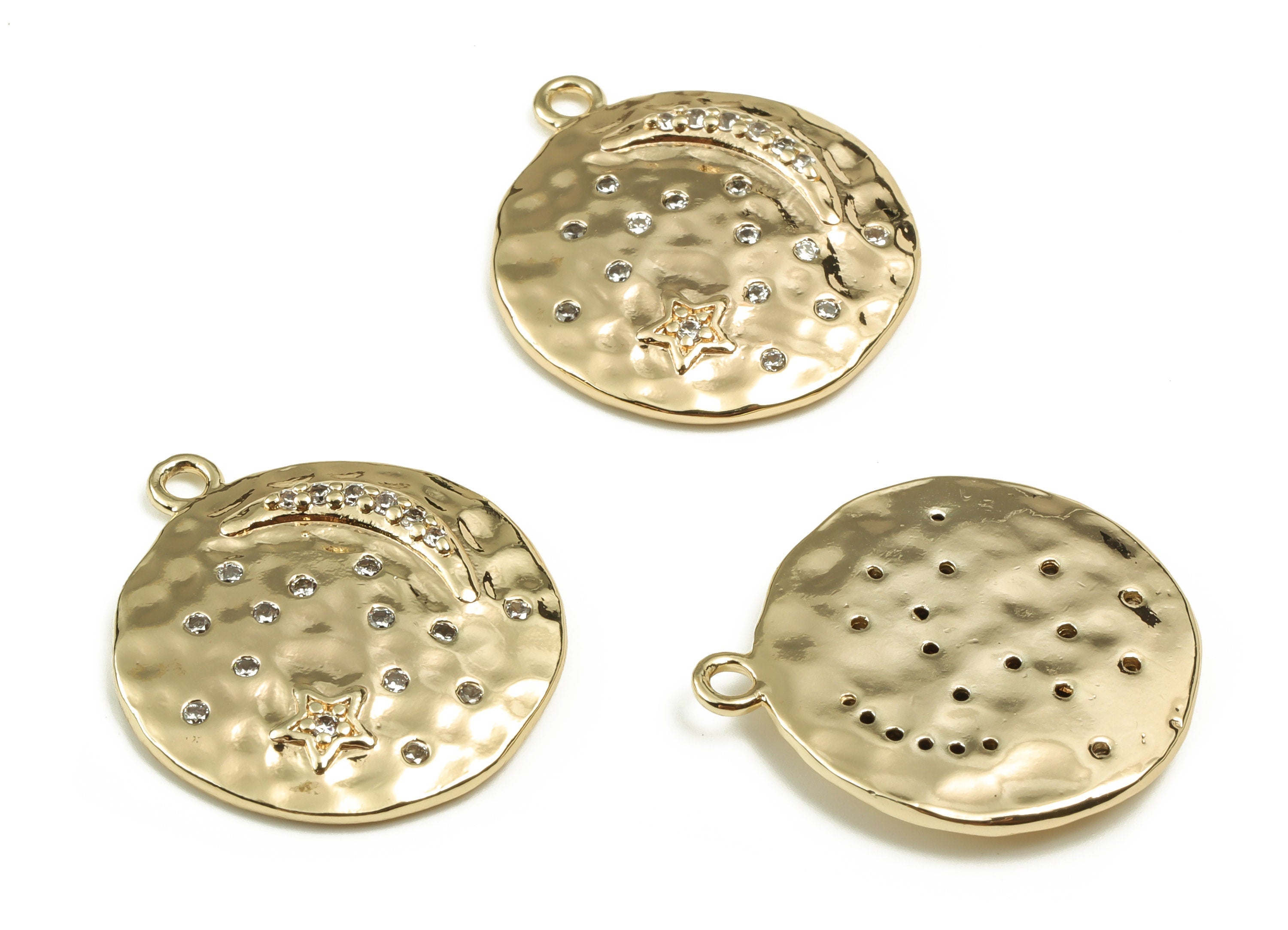 Brass Round Star Earring Charms With Zircons - Gold Circle Moon Pendant - 18K Real Gold Plated Brass - 24.5x21.45x3.1mm - RGP3396 - DOMEDBAZAAR