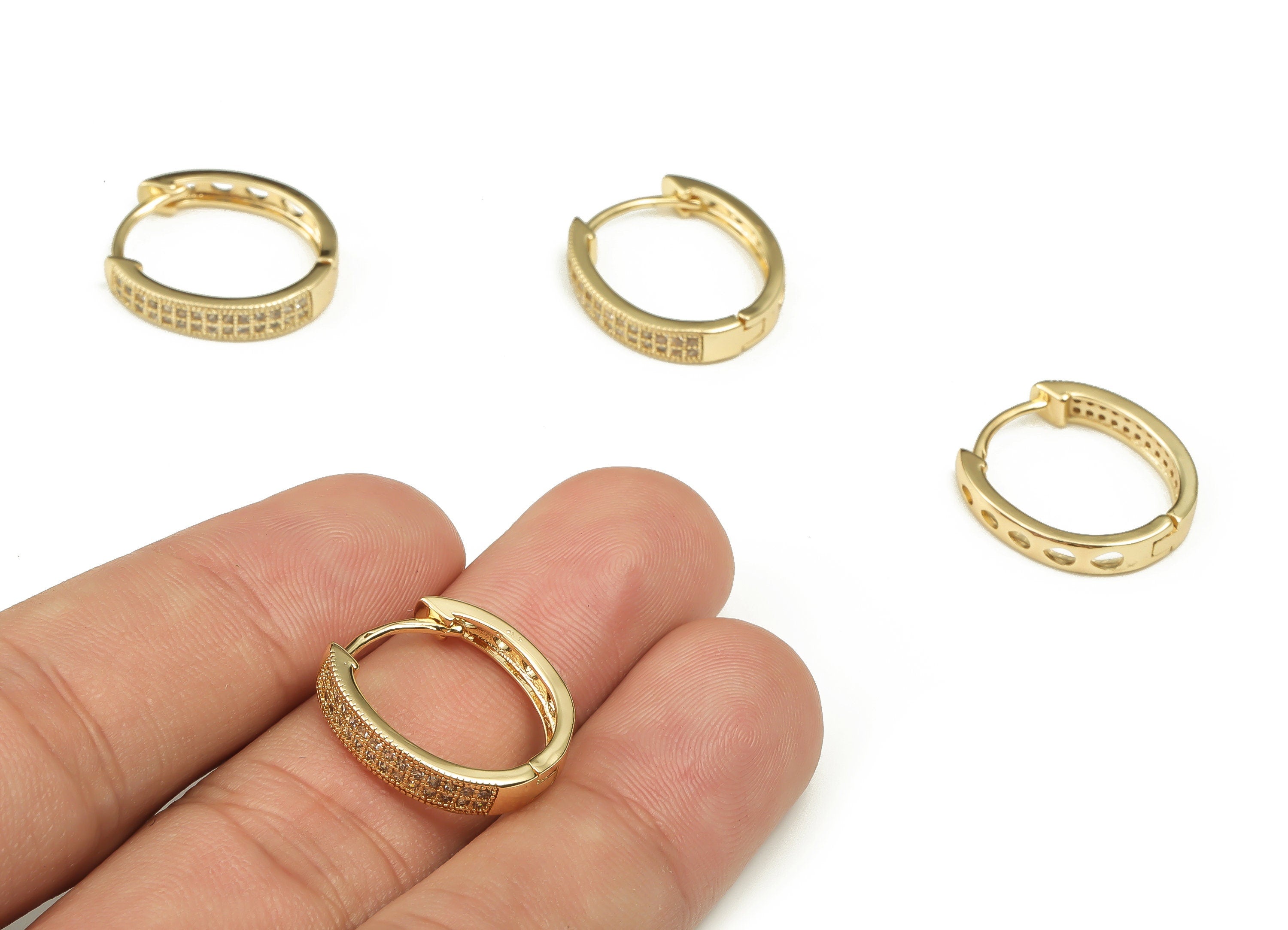 Brass Oval Hoop Earring - Gold Huggie Earrings with Zircon - 18k Real Gold Plated Brass Hoop - Jewelry Supplies -19.14x16.78x1.6mm- RGP3401 - DOMEDBAZAAR