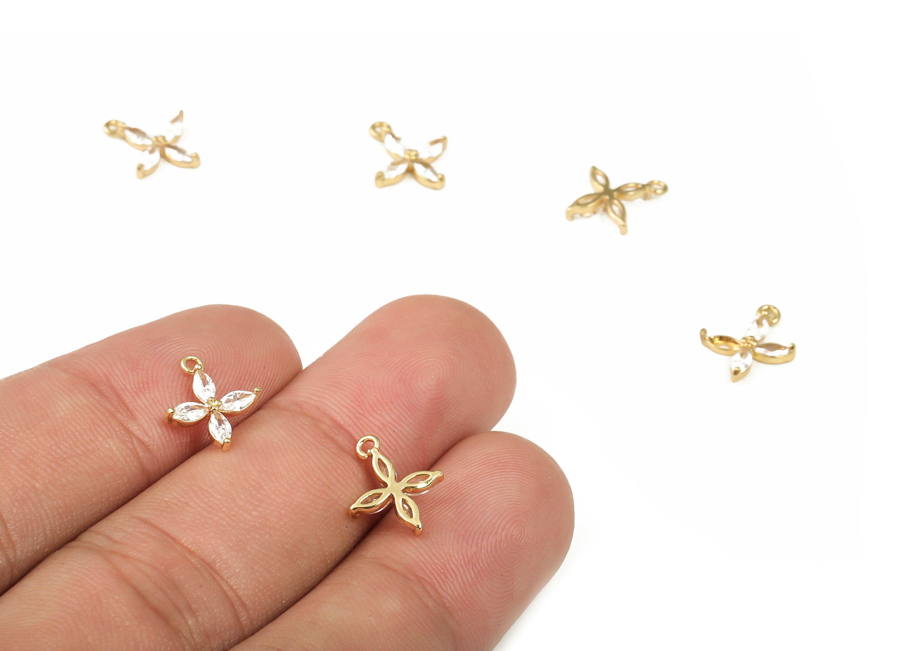 Brass Flower Earring Charms – Zircon Flower Pendant Charm - 18K Real Gold Plated Brass - Jewelry Supplies - 11.85x9.97x2.25mm - RGP3922 - DOMEDBAZAAR