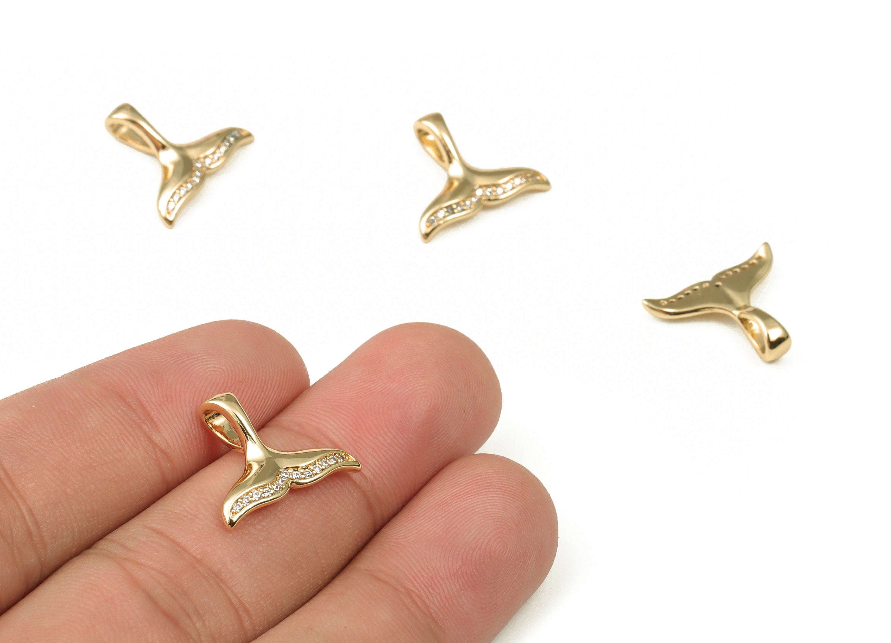 Brass Fish Tail Earring Charms With Zircons - Gold Fish Tail Pendant - 18K Real Gold Plated Brass - 17.39x14.71x2.08mm - RGP3377 - DOMEDBAZAAR