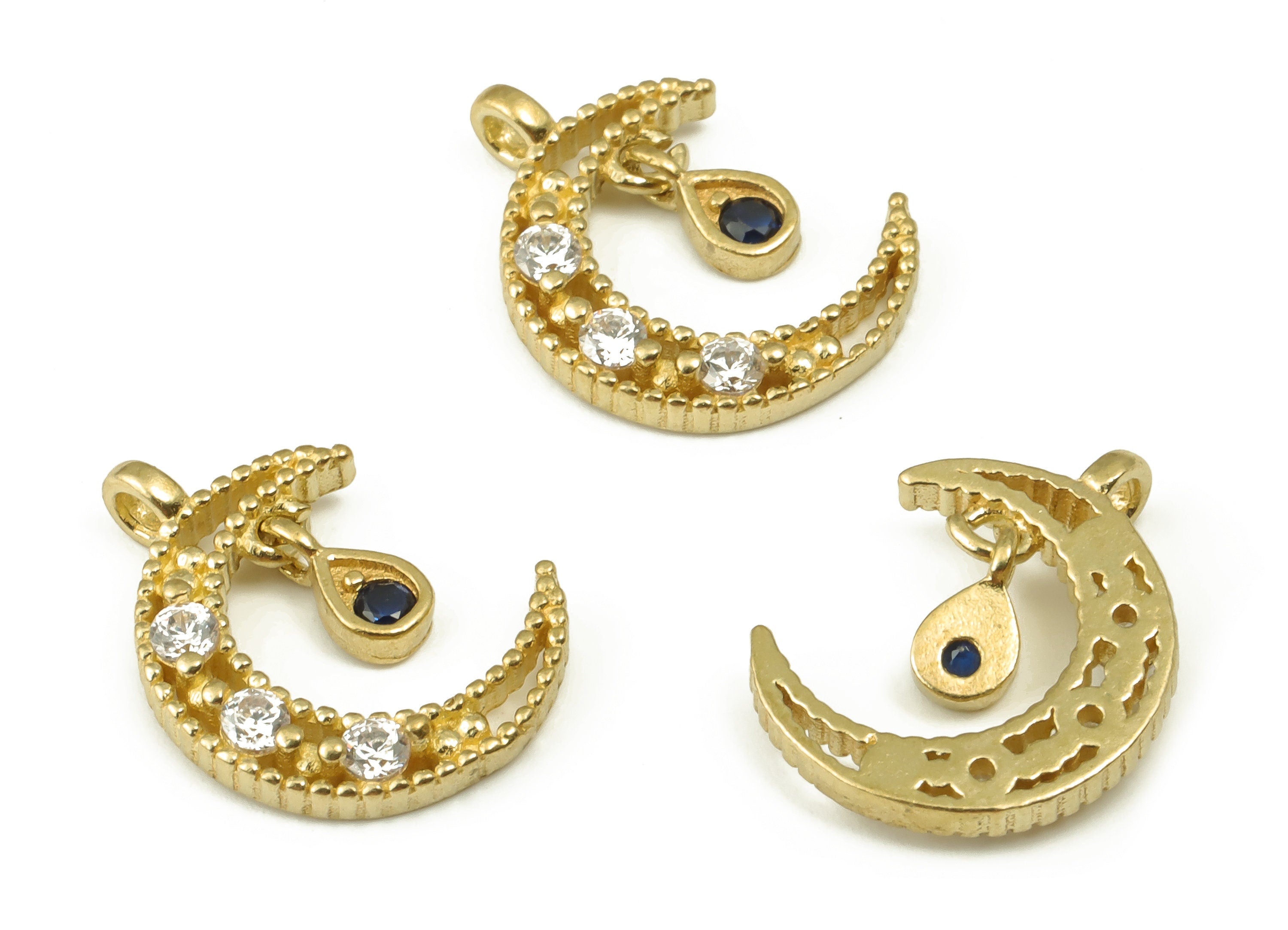 Brass Crescent Earring Charms With Zircons - Raw Brass Moon Pendant - Earring Finding - Jewellery Supplies - 14.78x11.21x2.2mm - PP4492 - DOMEDBAZAAR