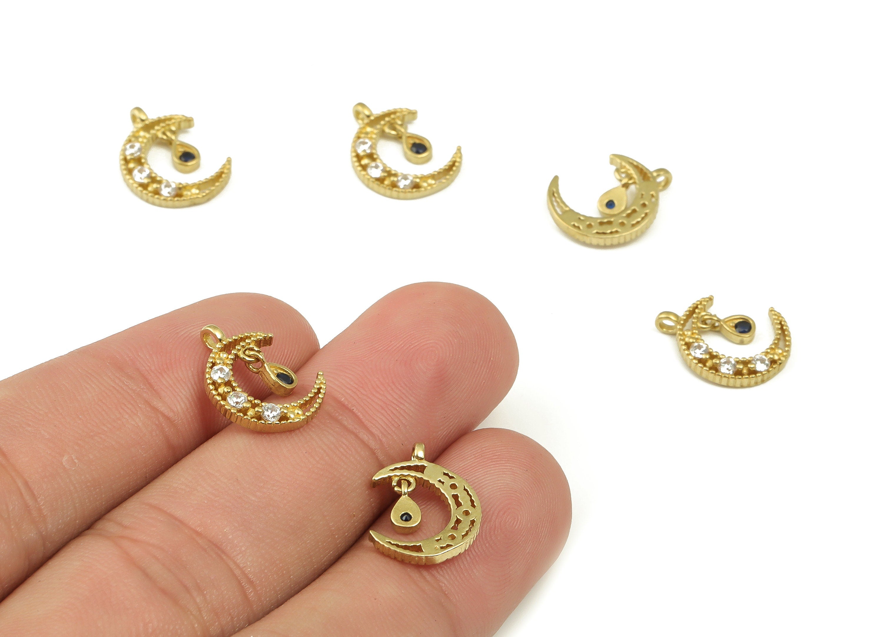 Brass Crescent Earring Charms With Zircons - Raw Brass Moon Pendant - Earring Finding - Jewellery Supplies - 14.78x11.21x2.2mm - PP4492 - DOMEDBAZAAR