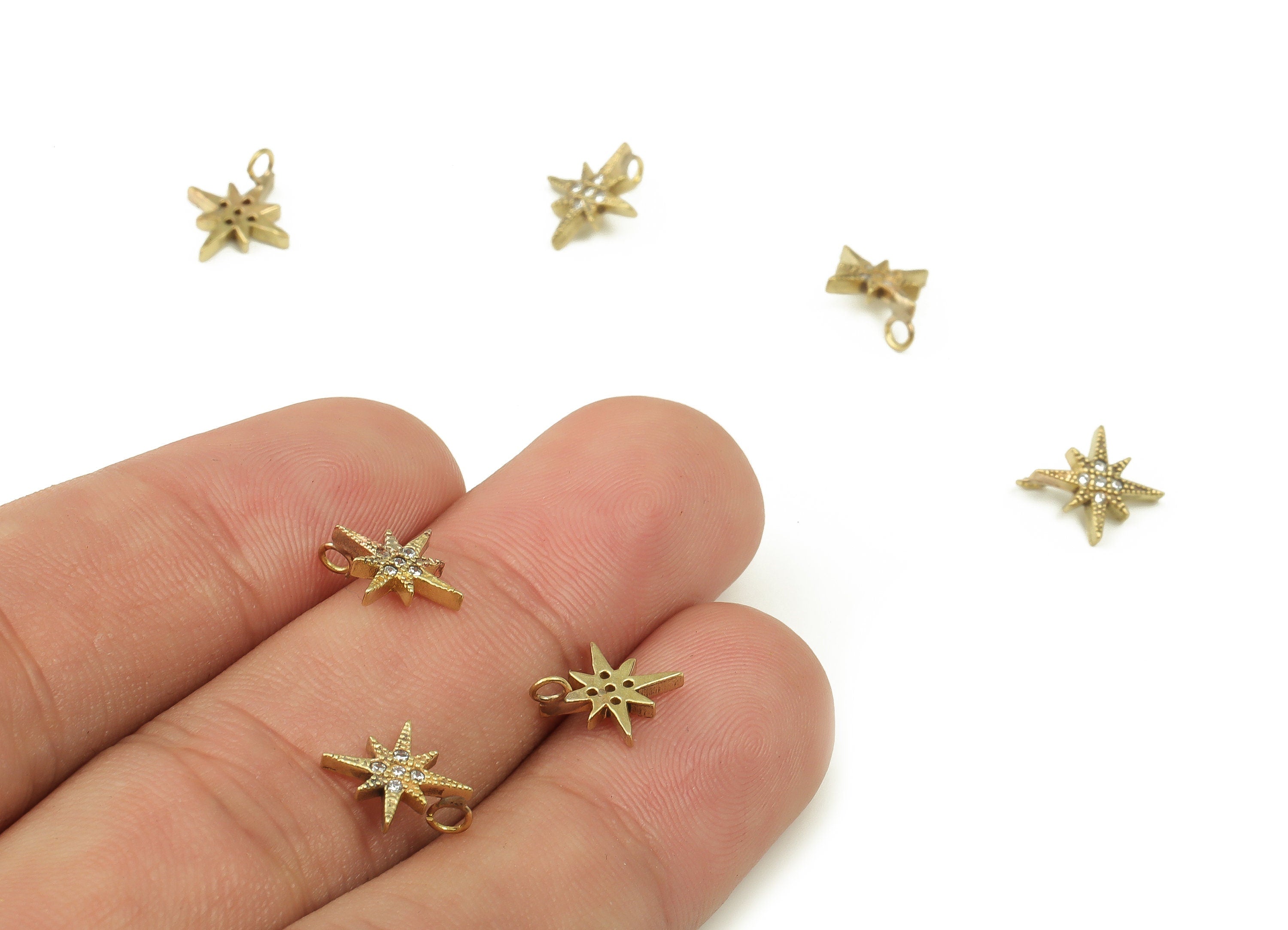 Raw Brass Starburst Charms – Dainty Star Charm - Brass Star Shaped Charms with Zircon - Jewelry Making Supplies - 9.49x10 x1.54mm - PP4493 - DOMEDBAZAAR