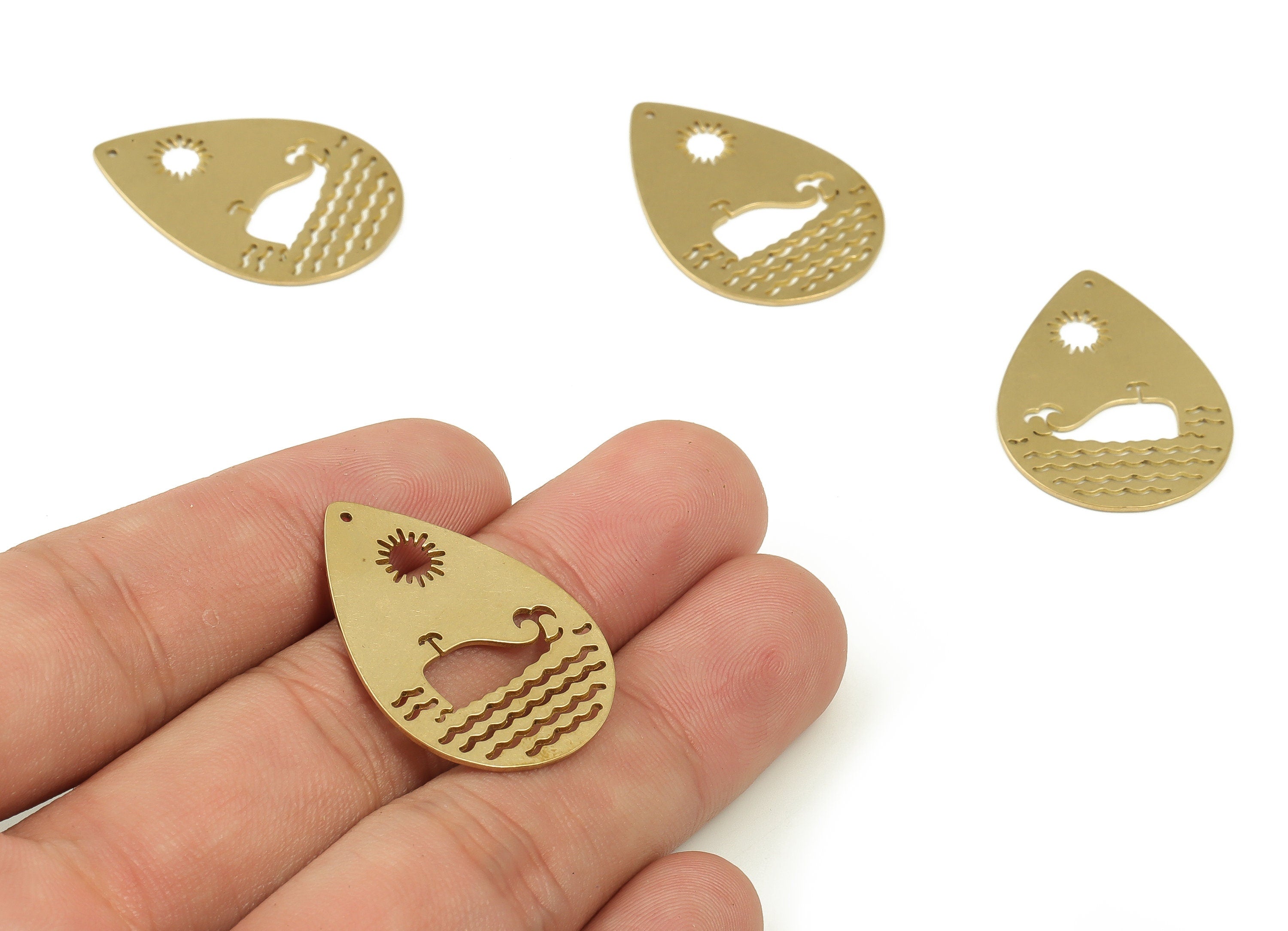 Brass Drop Earring Charms - Raw Brass Sun Waves Pendant - Earrings Finding - Jewelry Making Supplies - 31.16x22.05x0.64mm - PP4694 - DOMEDBAZAAR