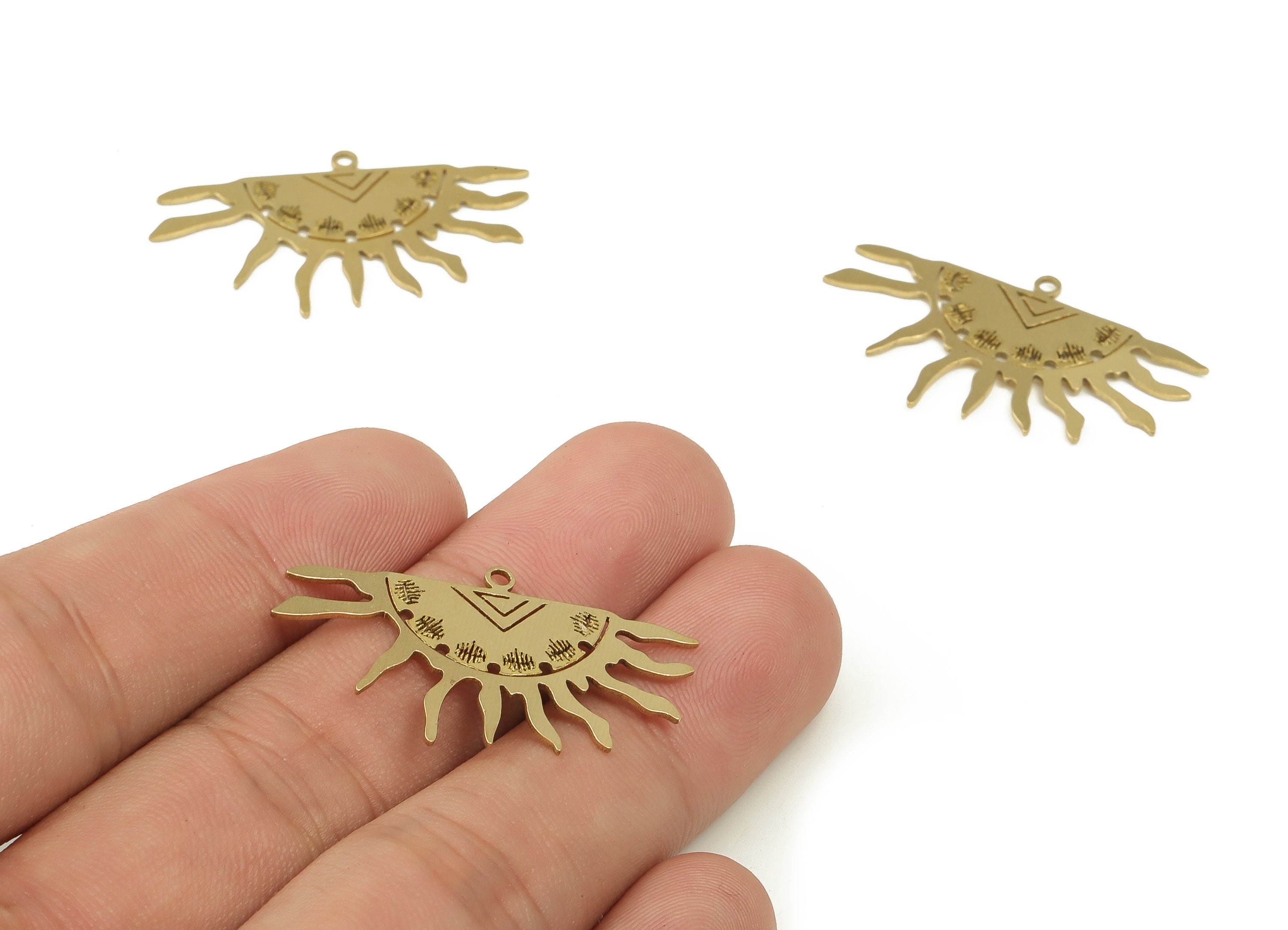 Brass Sun Earring Charms - Raw Brass Semi circle Pendant - Earring Findings - DIY Jewelry Making Supplies - 20.61x35.17x0.84mm - PP4606 - DOMEDBAZAAR