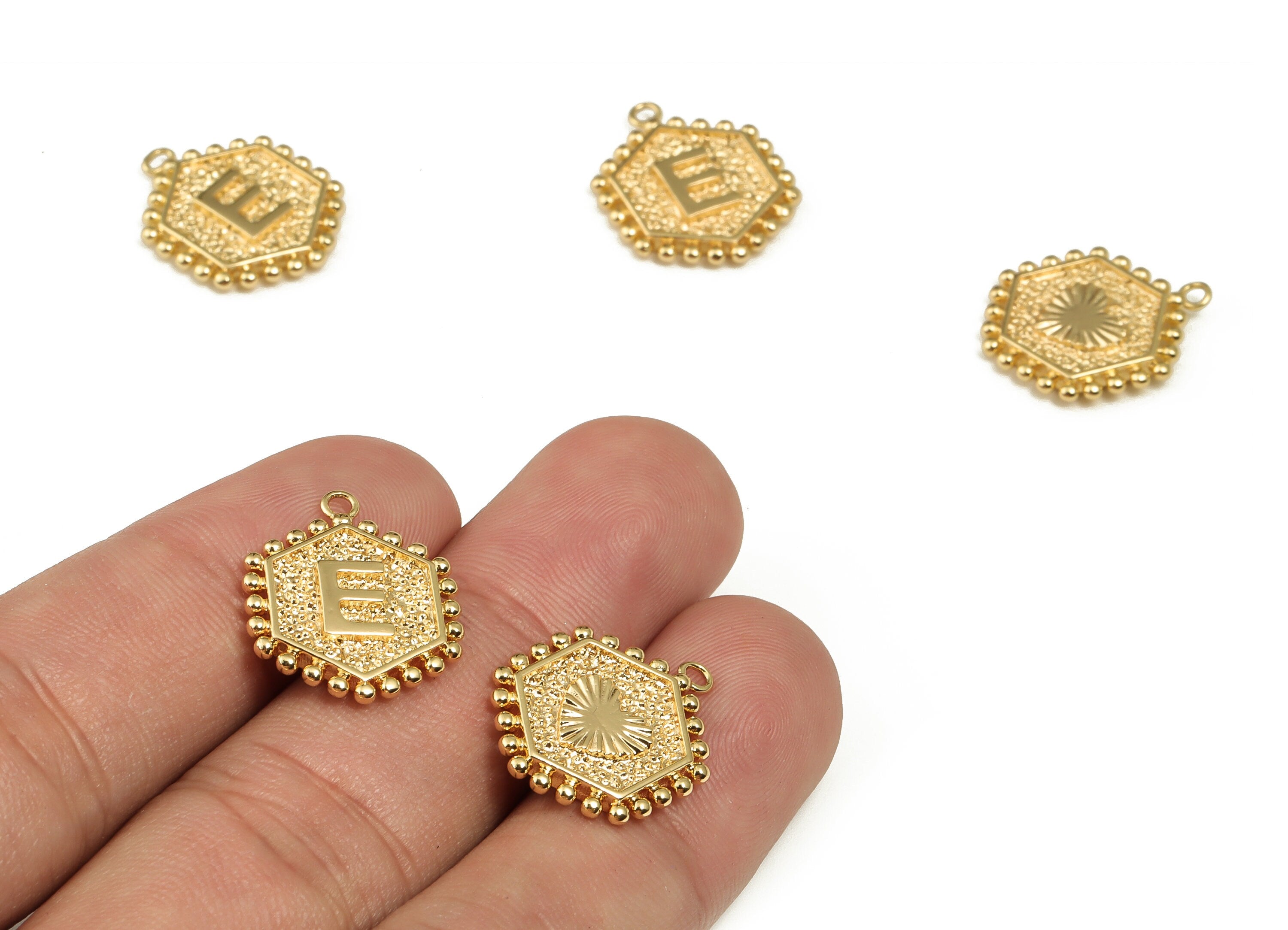 Brass Hexagon Letter E Charms - Alphabet Pendant Charm - 18K Shiny Gold Plated Initial Charm - Jewelry Supplies -19.25x15.8x2.5mm- RGP3775E - DOMEDBAZAAR