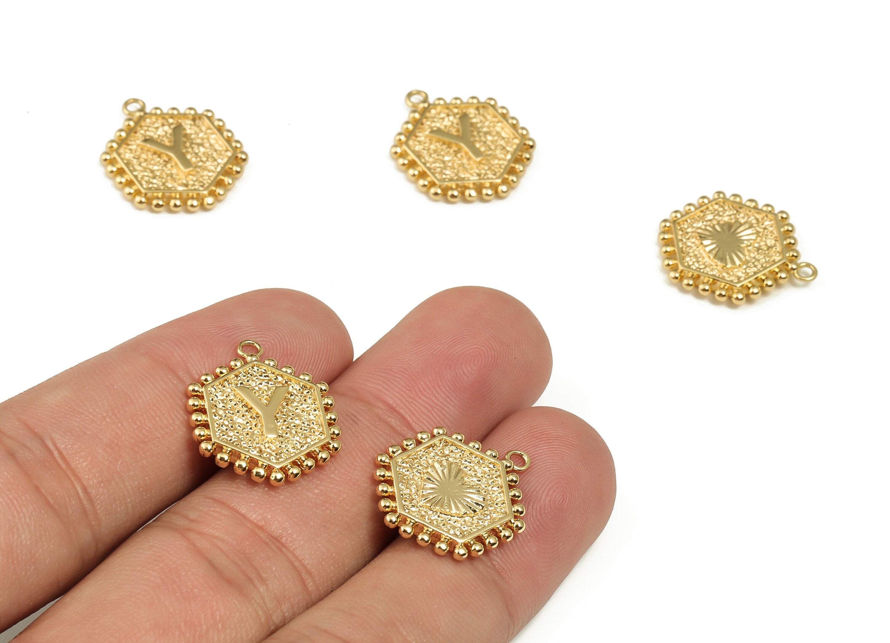 Brass Hexagon Letter Y Charms - Alphabet Pendant Charm - 18K Shiny Gold Plated Initial Charm- Jewelry Supplies -19.49x16.1x2.4mm- RGP3775Y - DOMEDBAZAAR