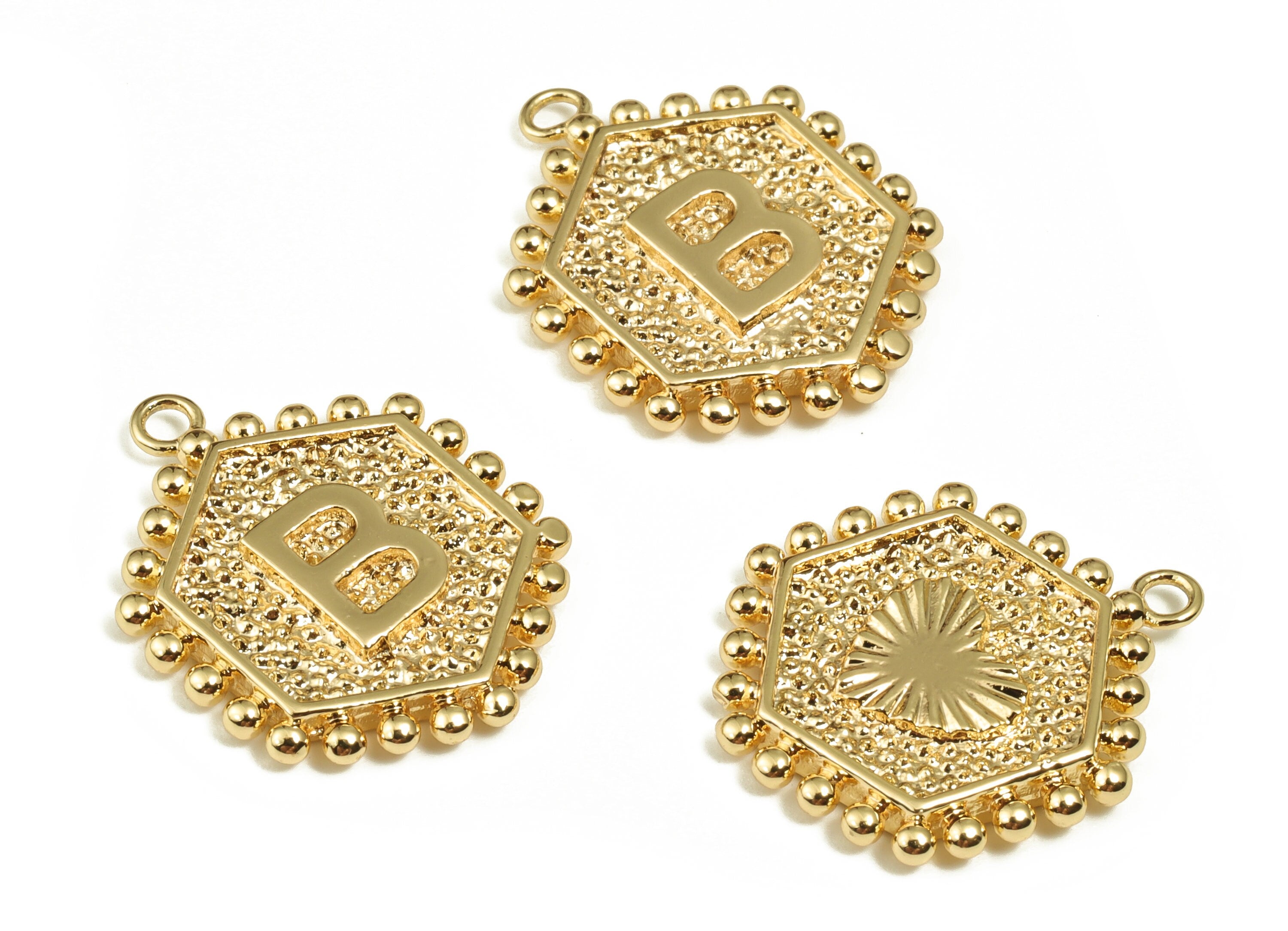 Brass Hexagon Letter B Charms - Alphabet Pendant Charm -18K Shiny Gold Plated Initial Charm - Jewelry Supplies -19.54x15.8x2.2mm- RGP3775B - DOMEDBAZAAR