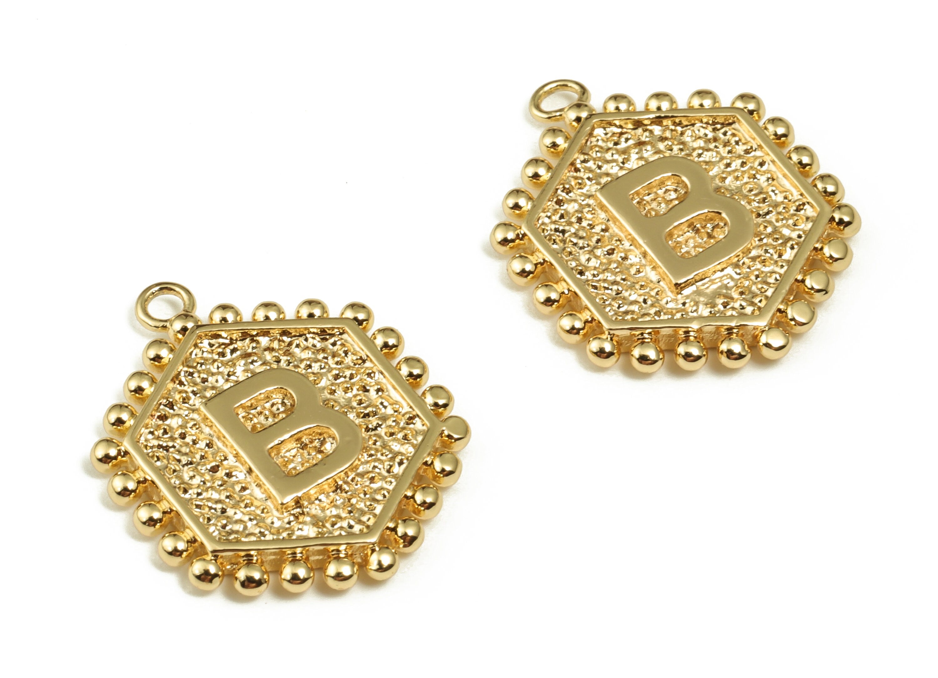 Brass Hexagon Letter B Charms - Alphabet Pendant Charm -18K Shiny Gold Plated Initial Charm - Jewelry Supplies -19.54x15.8x2.2mm- RGP3775B - DOMEDBAZAAR