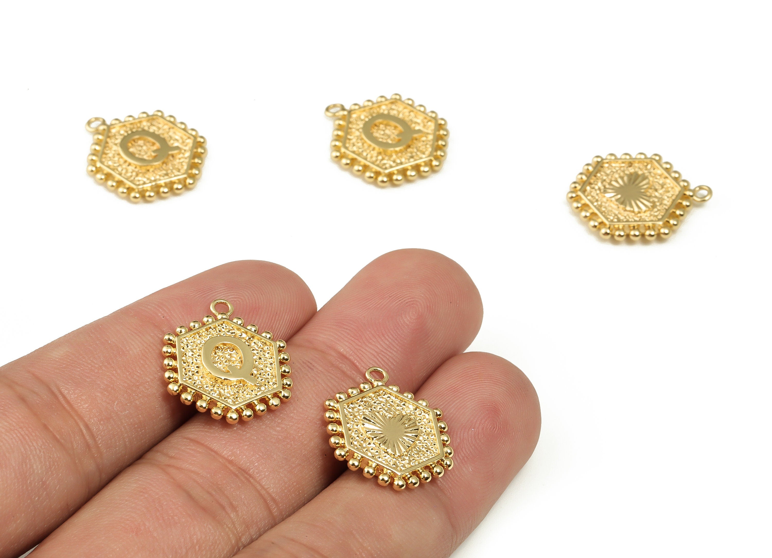 Brass Hexagon Letter Q Charms - Alphabet Pendant Charm - 18K Shiny Gold Plated Initial Charm - Jewelry Supplies -19.49x16.1x2.4mm- RGP3775Q - DOMEDBAZAAR