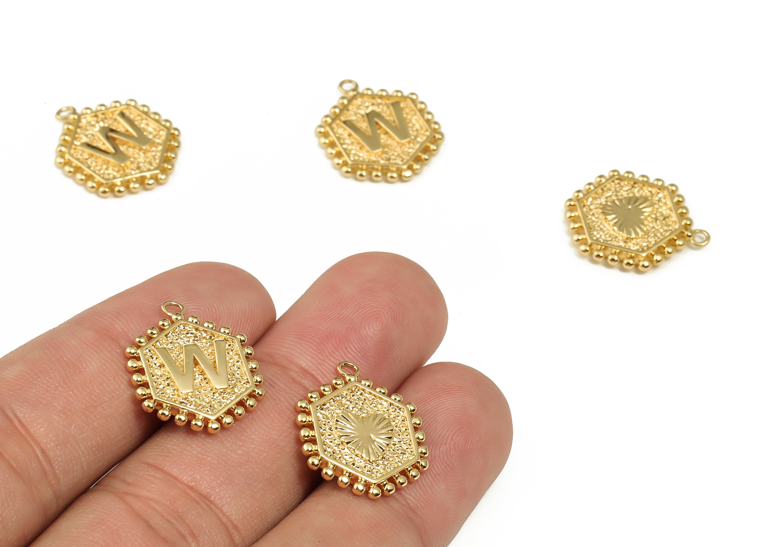 Brass Hexagon Letter W Charms - Alphabet Pendant Charm - 18K Shiny Gold Plated Initial Charm - Jewelry Supplies -19.49x16.1x2.4mm- RGP3775W - DOMEDBAZAAR