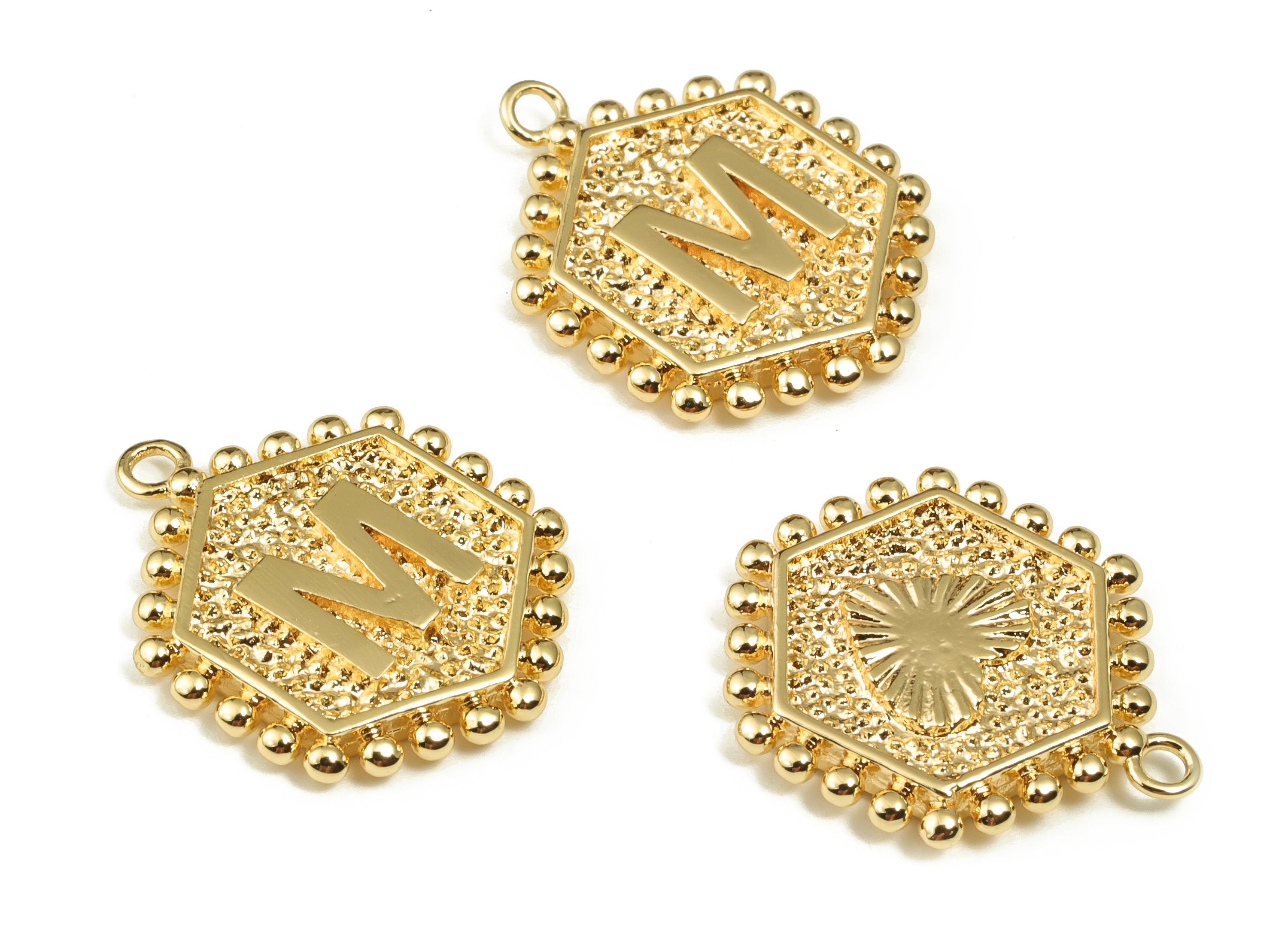 Brass Hexagon Letter M Charms - Alphabet Pendant Charm - 18K Shiny Gold Plated Initial Charm - Jewelry Supplies -19.42x15.8x2.4mm- RGP3775M - DOMEDBAZAAR