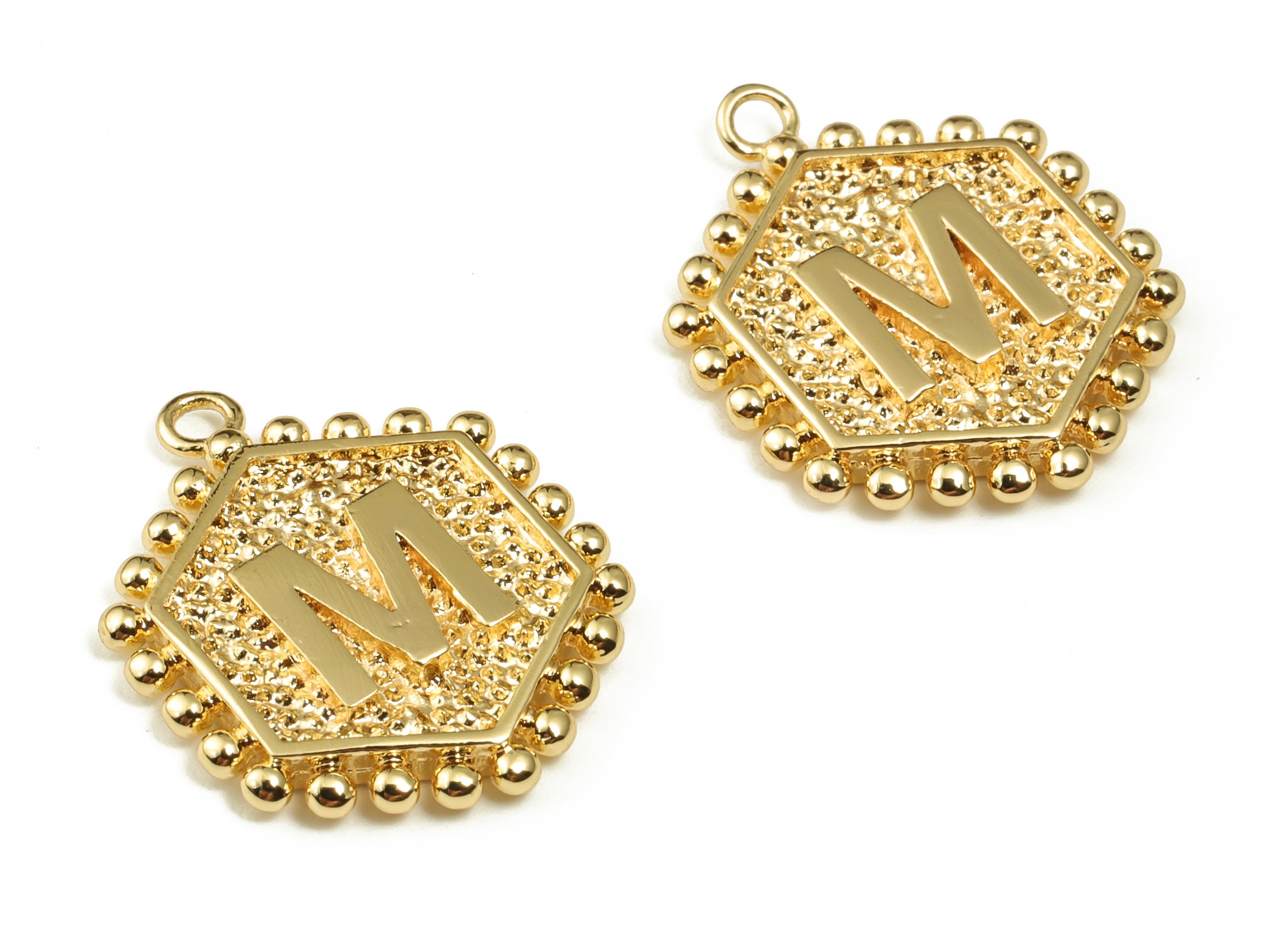 Brass Hexagon Letter M Charms - Alphabet Pendant Charm - 18K Shiny Gold Plated Initial Charm - Jewelry Supplies -19.42x15.8x2.4mm- RGP3775M - DOMEDBAZAAR
