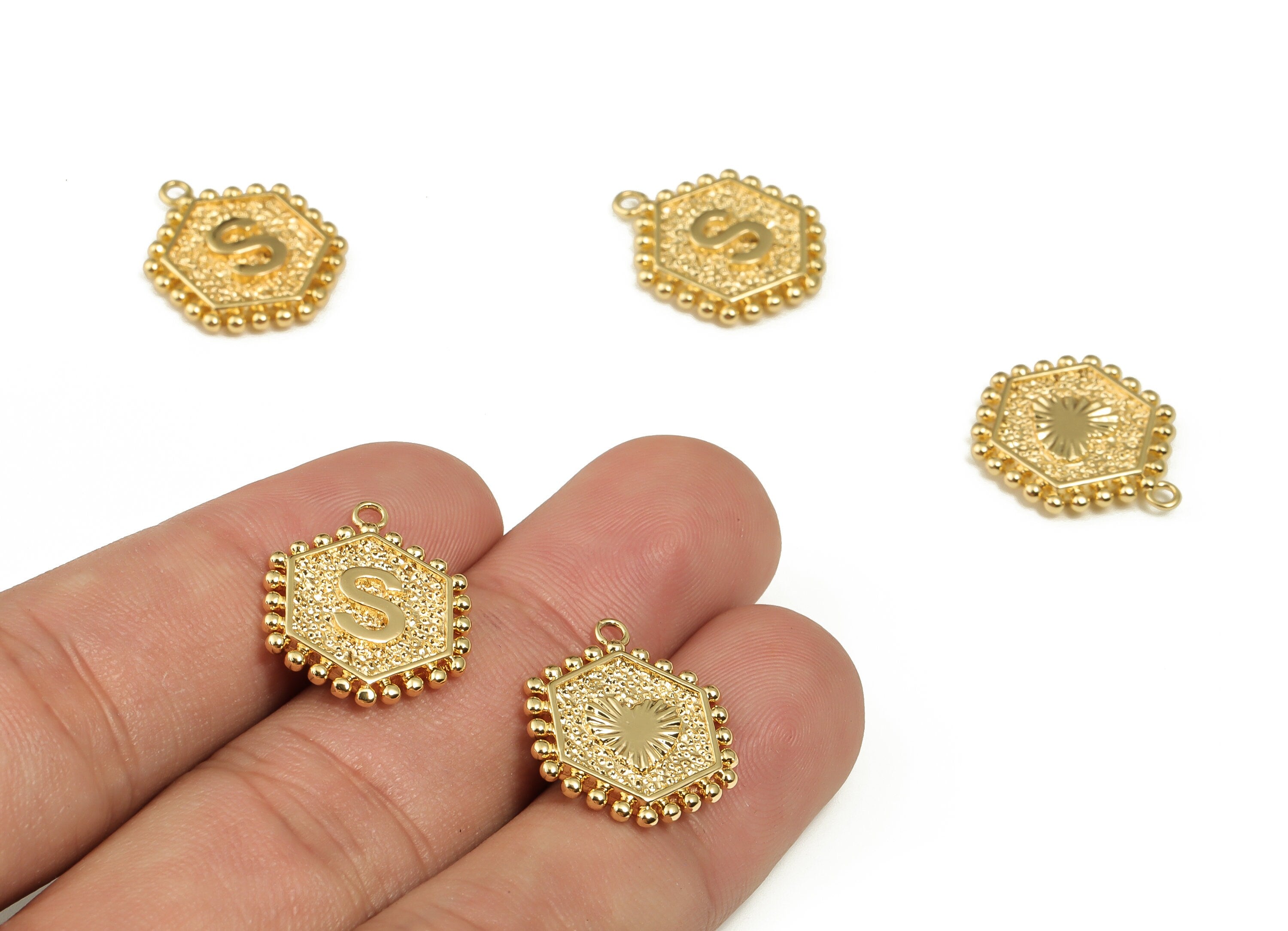 Brass Hexagon Letter S Charms - Alphabet Pendant Charm - 18K Shiny Gold Plated Initial Charm- Jewelry Supplies -19.49x16.1x2.4mm- RGP3775S - DOMEDBAZAAR