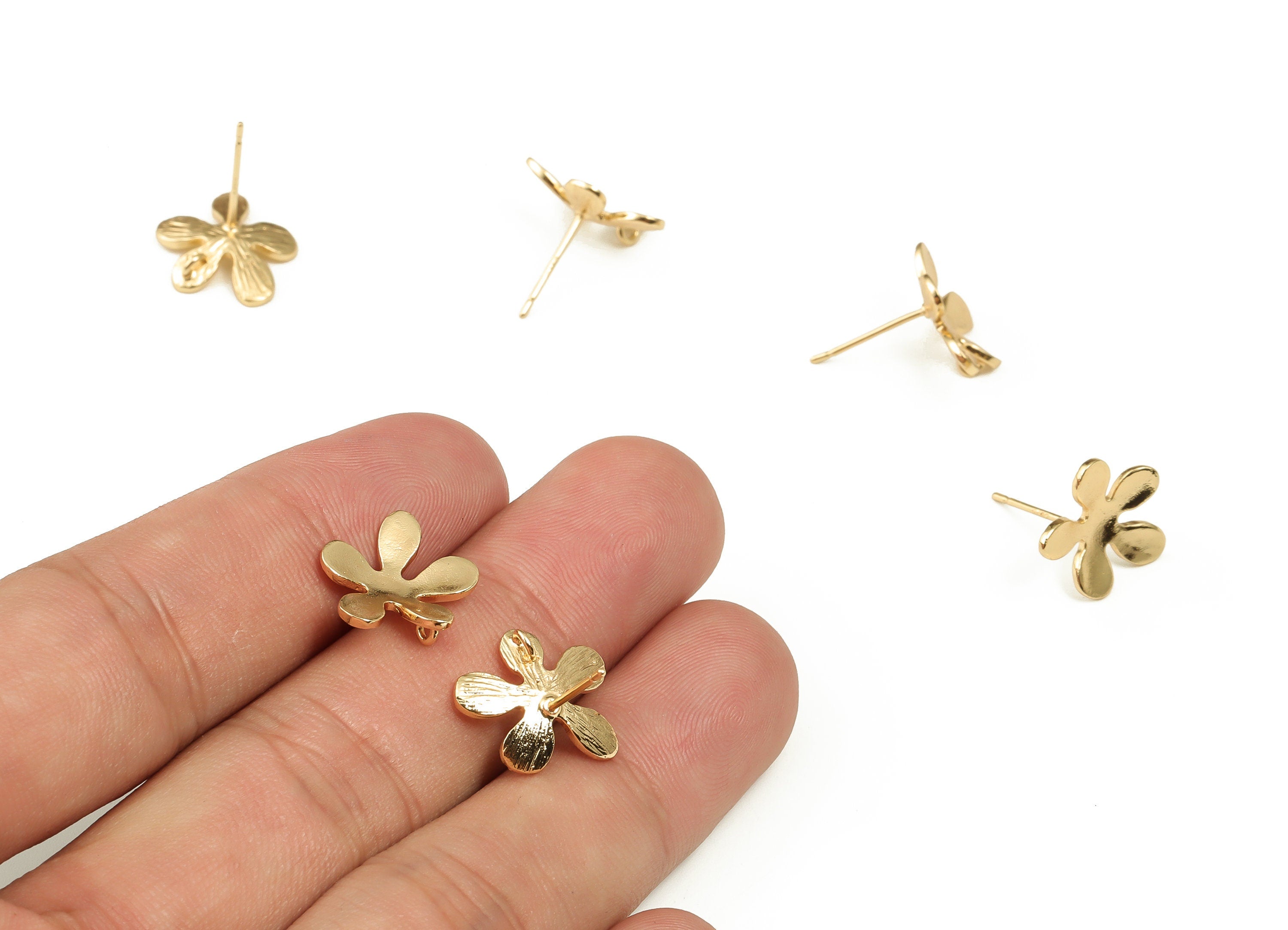 Brass Flower Earring Post - Gold Flower Earring Stud - 18K Real Gold Plated Brass - Stainless Steel Stud - 14.16x12.94x1.45mm - RGP3991 - DOMEDBAZAAR