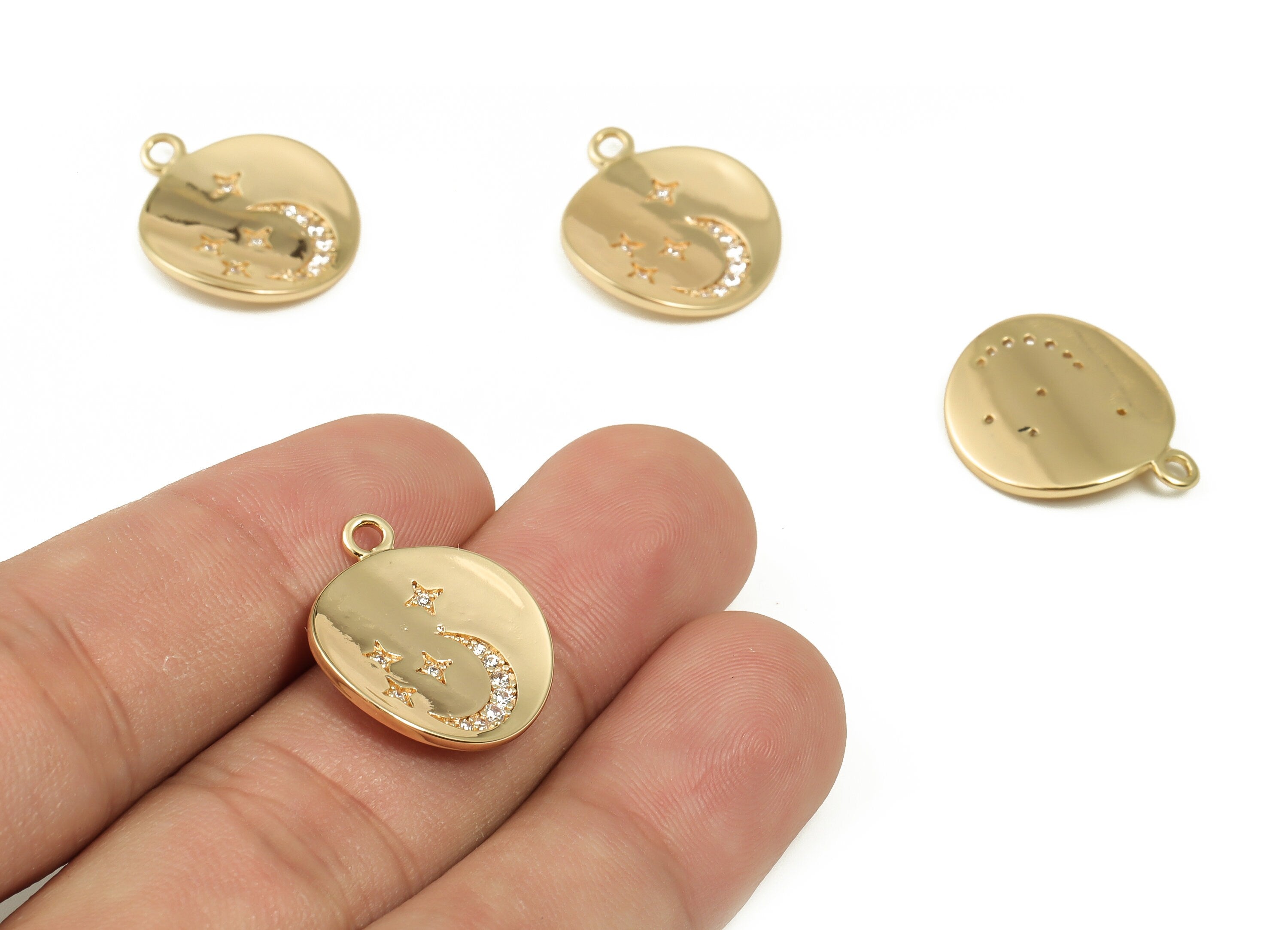 Brass Round Earring Charms With Zircons - Gold Star Moon Pendant - 18K Real Gold Plated Brass - Jewelry Supplies - 20.79x17x1.3mm - RGP4005 - DOMEDBAZAAR