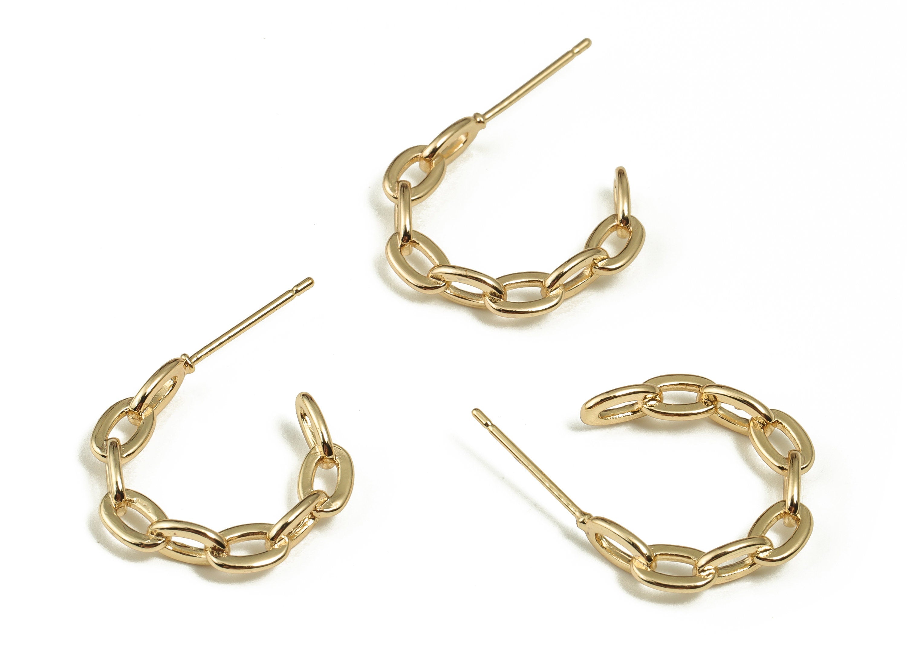 Brass Cable Chain C Earring Stud - Gold C Earring Post - Brass Stud - 18K Real Gold Plated Brass - 17.87x17.77x4.03mm - RGP3645 - DOMEDBAZAAR