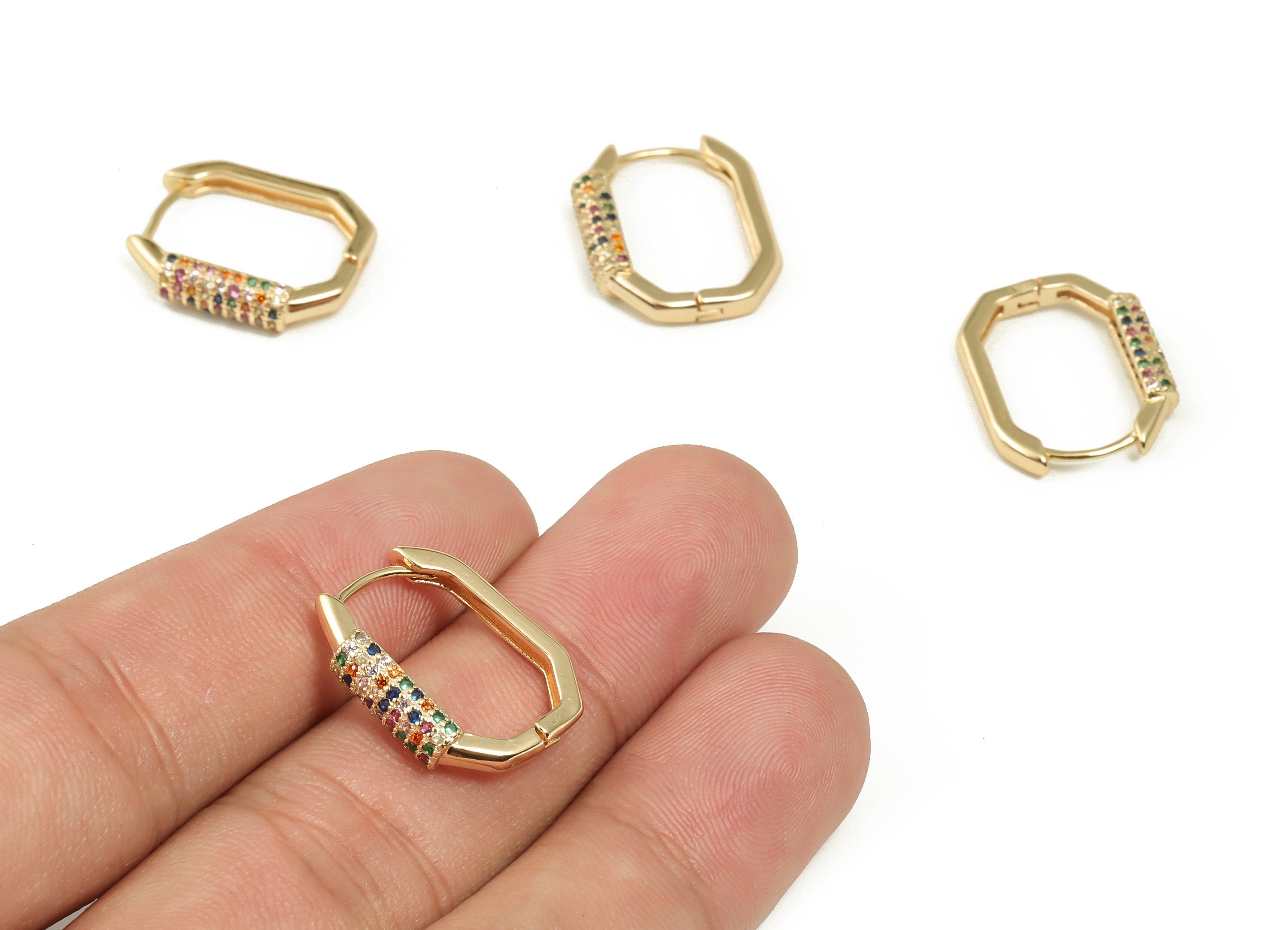 Square Hoop Earrings - Huggie Hoop Earrings with Multicolored Zircons - Dainty Hoop Earrings - Gold Plated Brass -19.53x15.38x2.9mm- RGP3977 - DOMEDBAZAAR