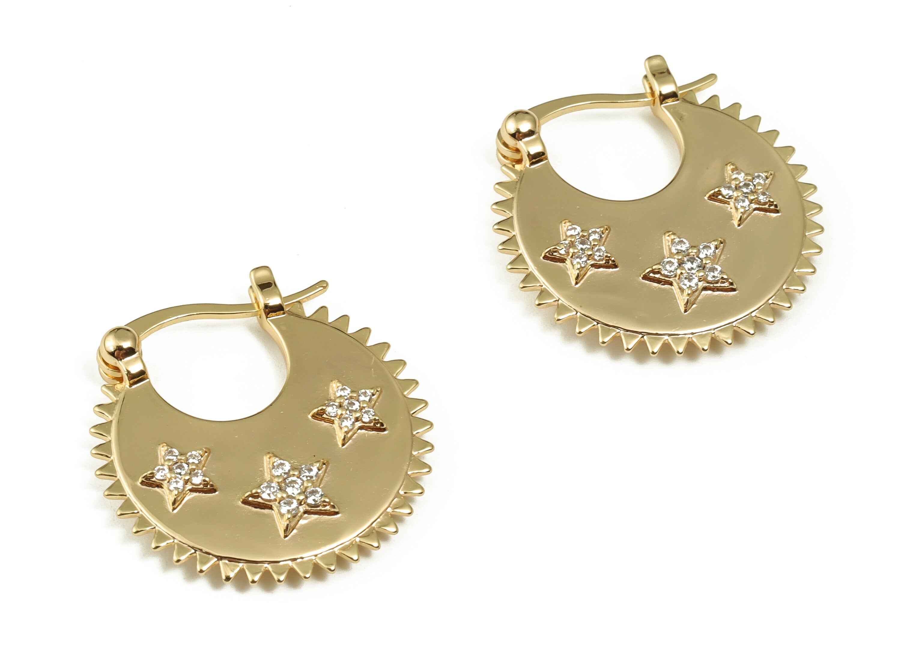 Brass Round Earring Clasp With Zircons - Gold Star Clasp - 18K Real Gold Plated Brass Clasp - Stainless Steel Stud - 23.8x22.5x4mm - RGP4009 - DOMEDBAZAAR