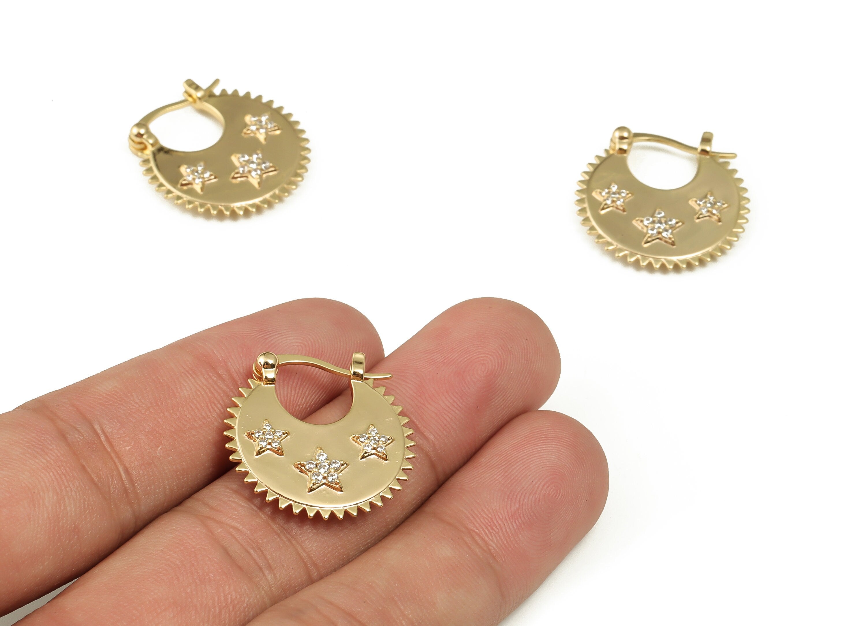Brass Round Earring Clasp With Zircons - Gold Star Clasp - 18K Real Gold Plated Brass Clasp - Stainless Steel Stud - 23.8x22.5x4mm - RGP4009 - DOMEDBAZAAR