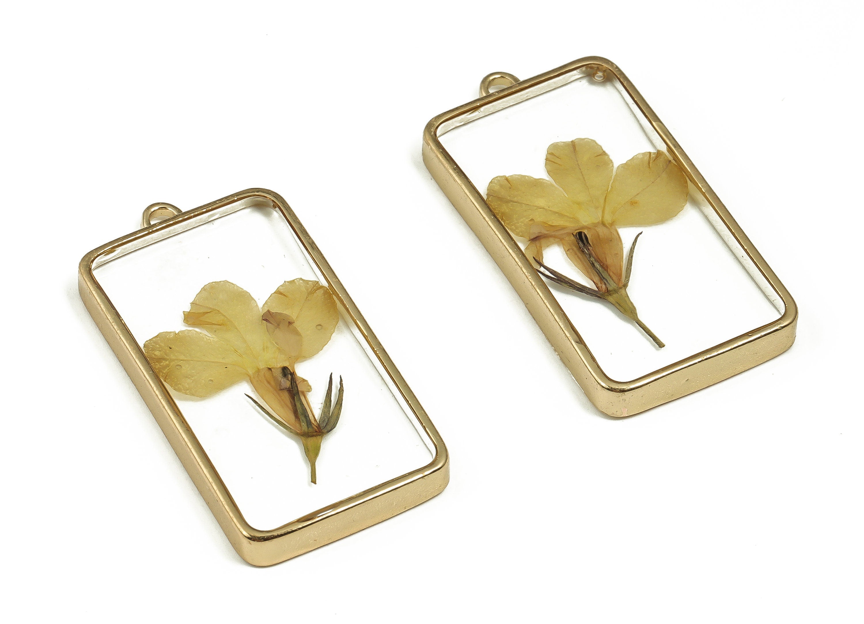 Epoxy Resin Rectangle Real Flower Earring Charms - Epoxy Resin Garden Lobelia Pendant - Gold Tone Plated Alloy - 40.45x20.72x4.64mm - ZZ1879 - DOMEDBAZAAR