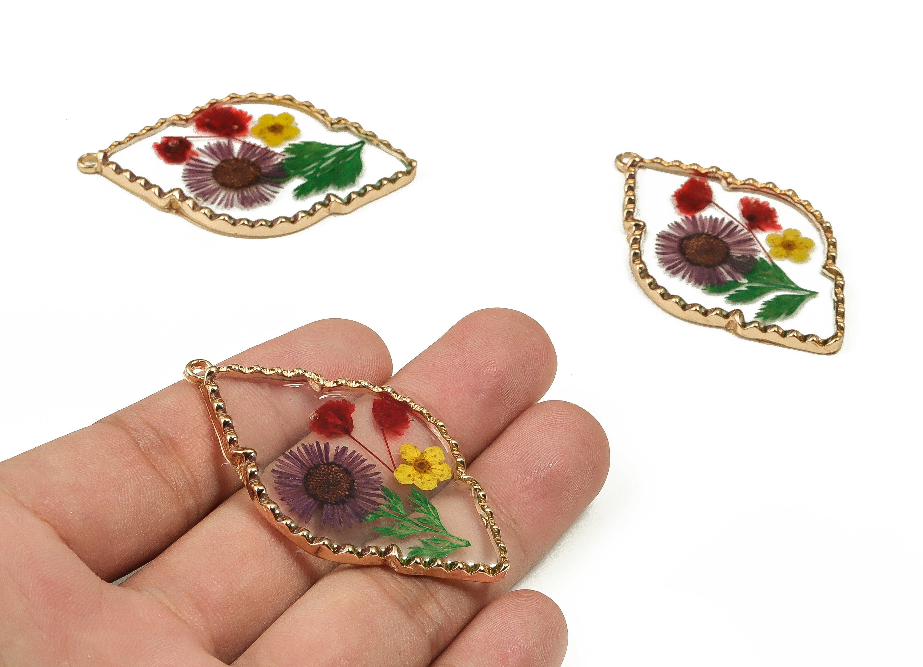 Epoxy Resin Diamond Real Flower Earring Charms - Needle Chrysanthemum&Narcissus Pendant - Gold Tone Plated Alloy - 54.46x33.3x3.3mm - ZZ1892 - DOMEDBAZAAR