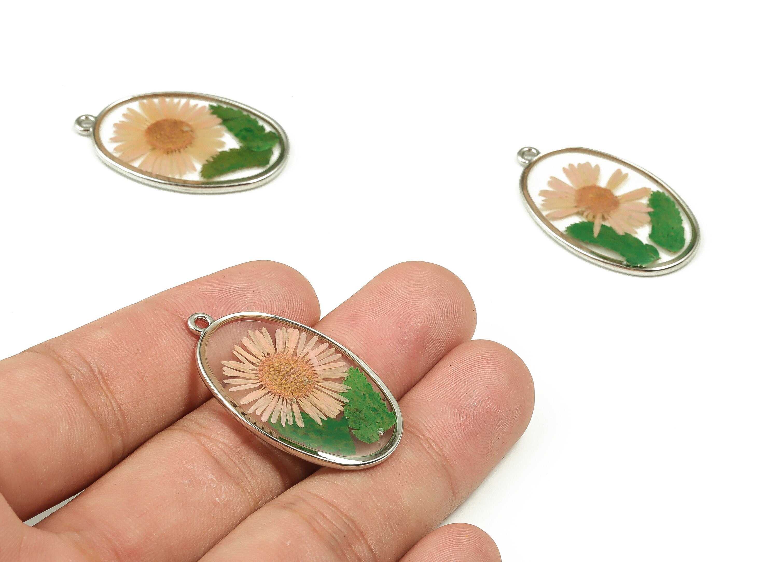 Epoxy Resin Oval Real Flower Earring Charms - Needle Chrysanthemum&Leaf Pendant - White Gold Tone Plated Alloy - 34.9x22.19x2.58mm - ZZ1840 - DOMEDBAZAAR