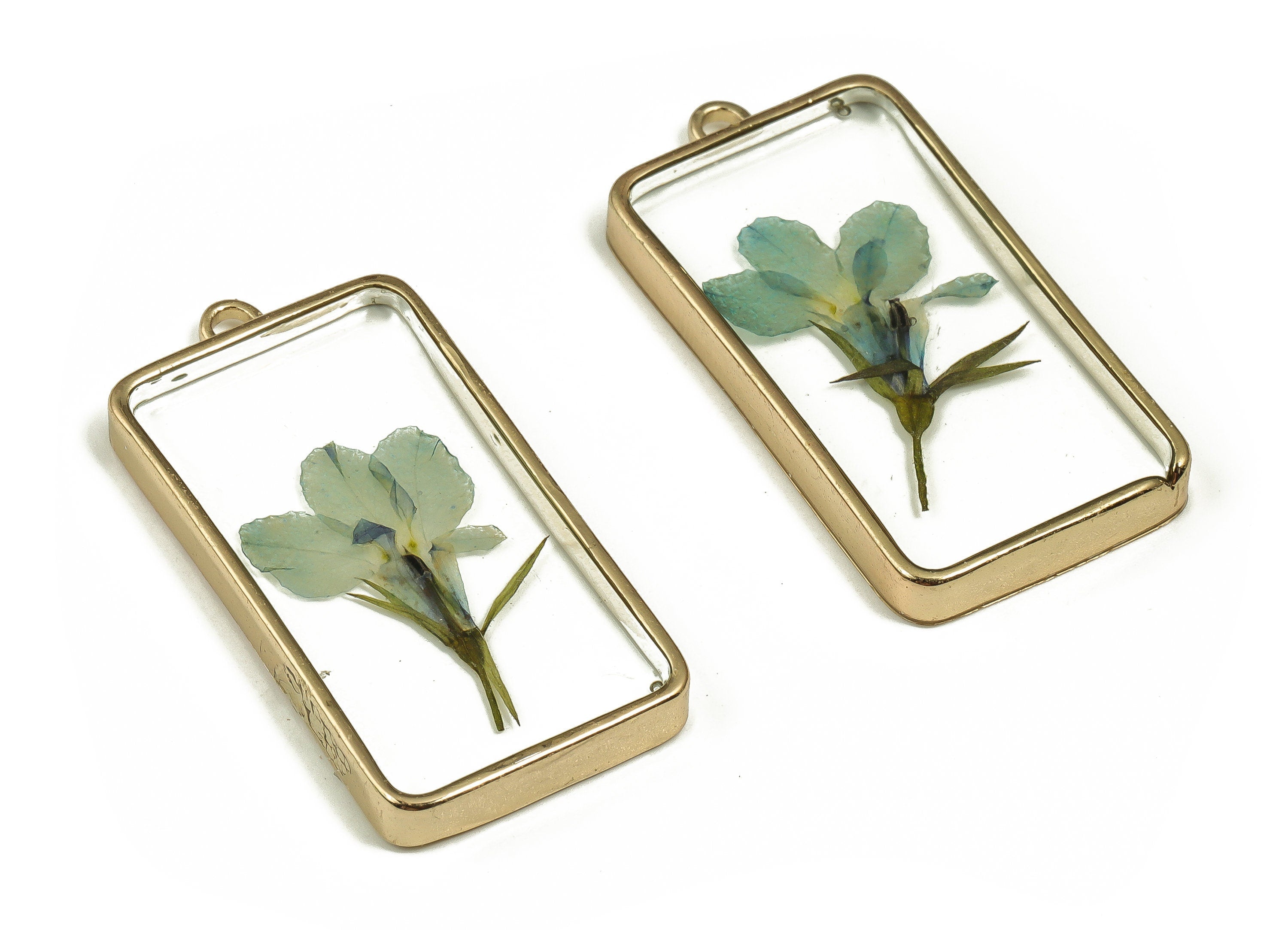 Epoxy Resin Rectangle Real Flower Charms - Epoxy Resin Garden Lobelia Pendant - Gold Tone Plated Alloy - 40.38x20.61x4.4mm - ZZ1874 - DOMEDBAZAAR