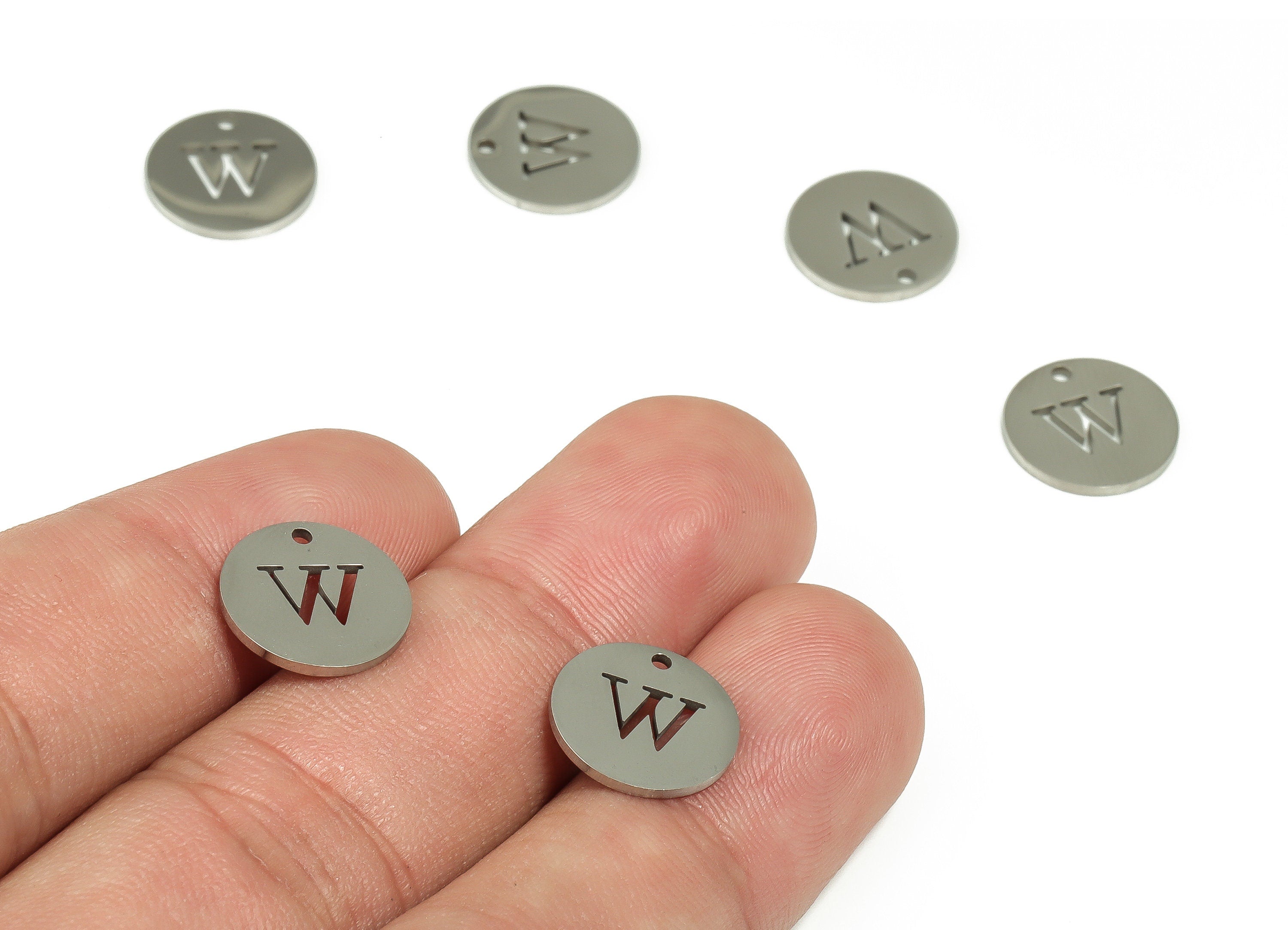 Stainless Steel Round Earring Charms - Stainless Steel The letter W Pendant - Earring Findings - Jewelry Supplies - 12x12x1mm - SS1215W - DOMEDBAZAAR