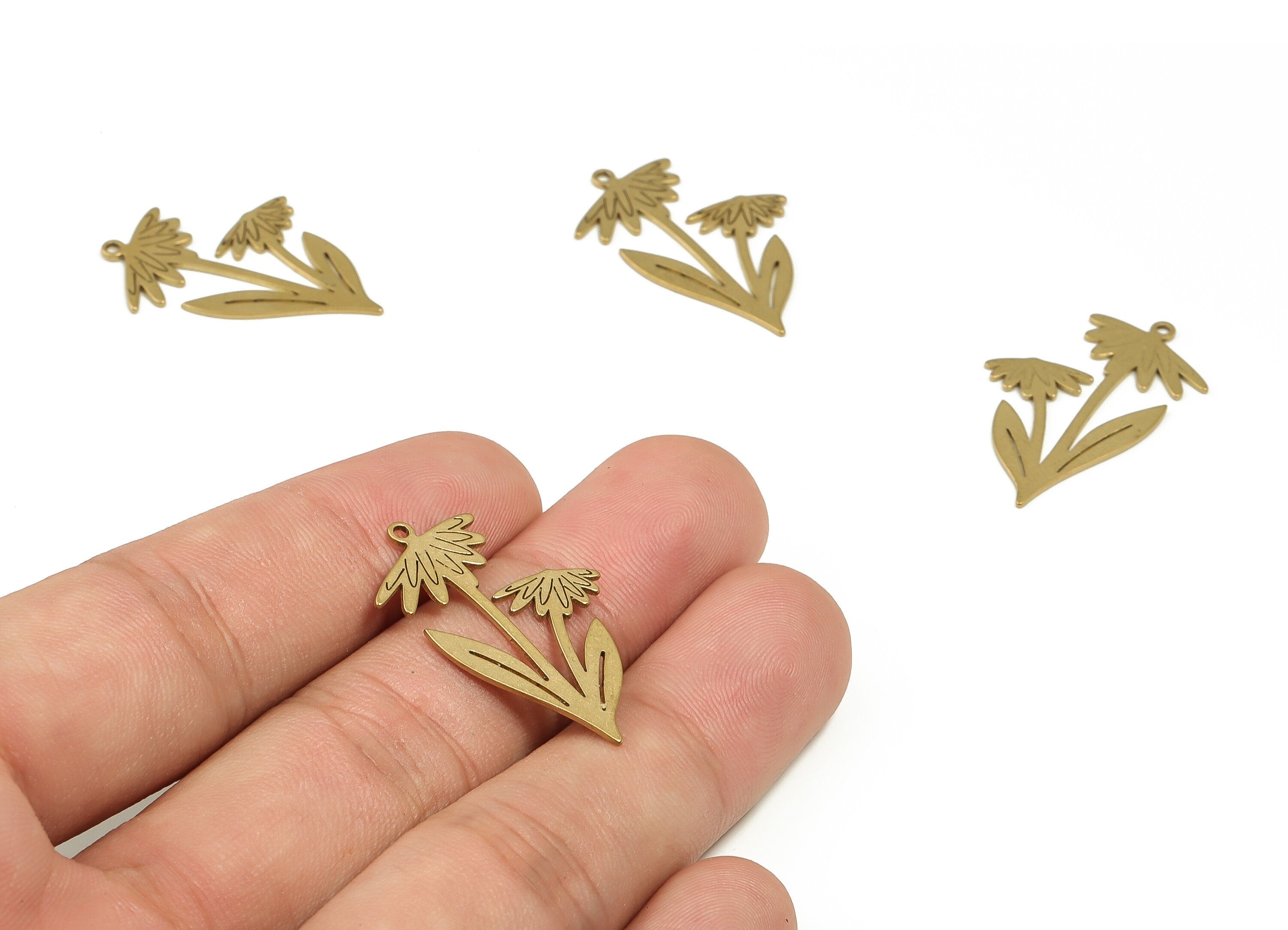 Brass Flower Earring Charms - Raw Brass Flower Pendant - Earring Findings - DIY Jewelry Making Supplies - 29.49x18.03x0.66mm - PP4616 - DOMEDBAZAAR
