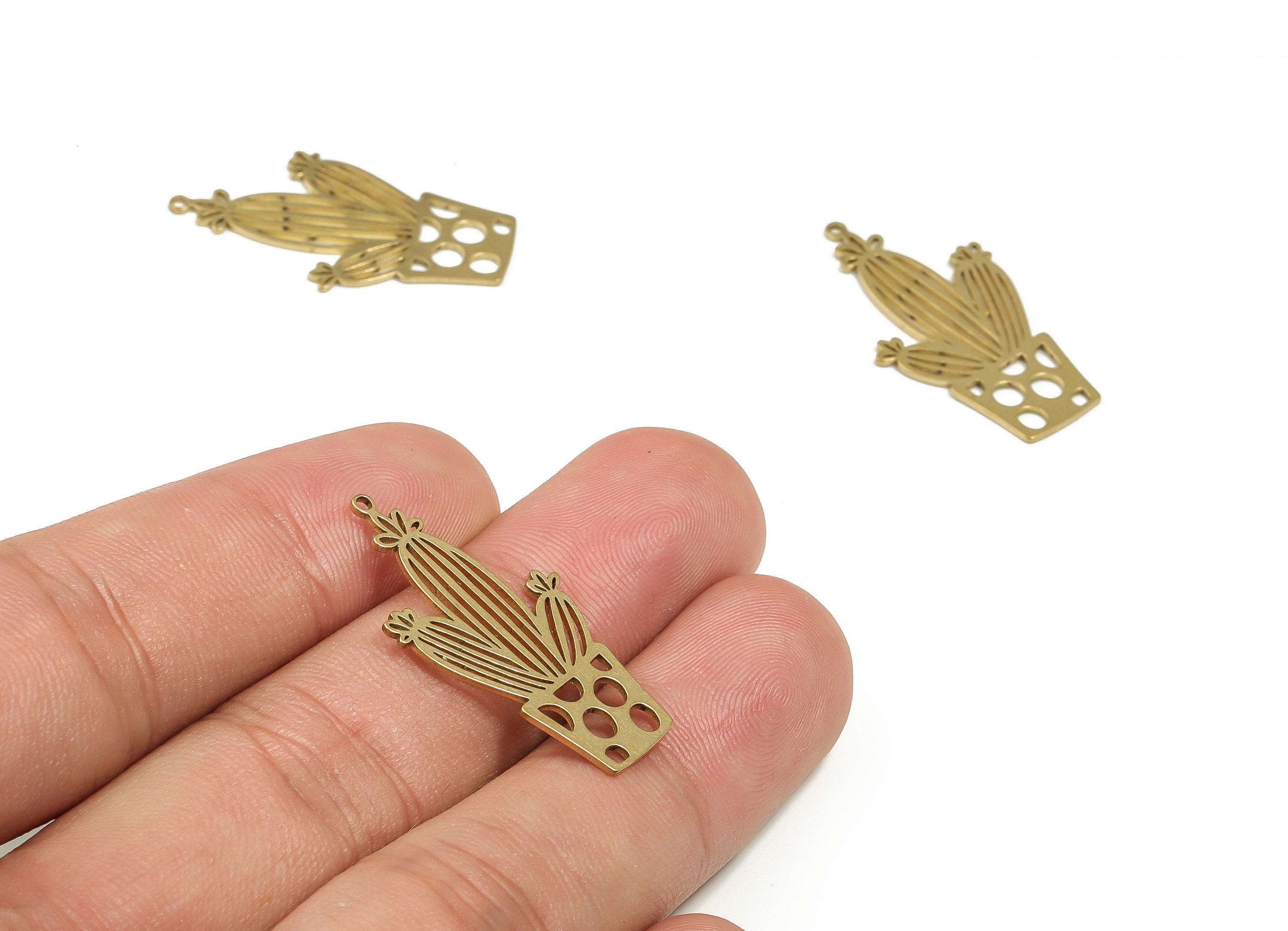 Brass Potted Cactus Earring Charms - Raw Brass Potted Cactus Pendant - Earring Findings - Jewelry Supplies - 29.96x15.05x0.74mm - PP4358 - DOMEDBAZAAR