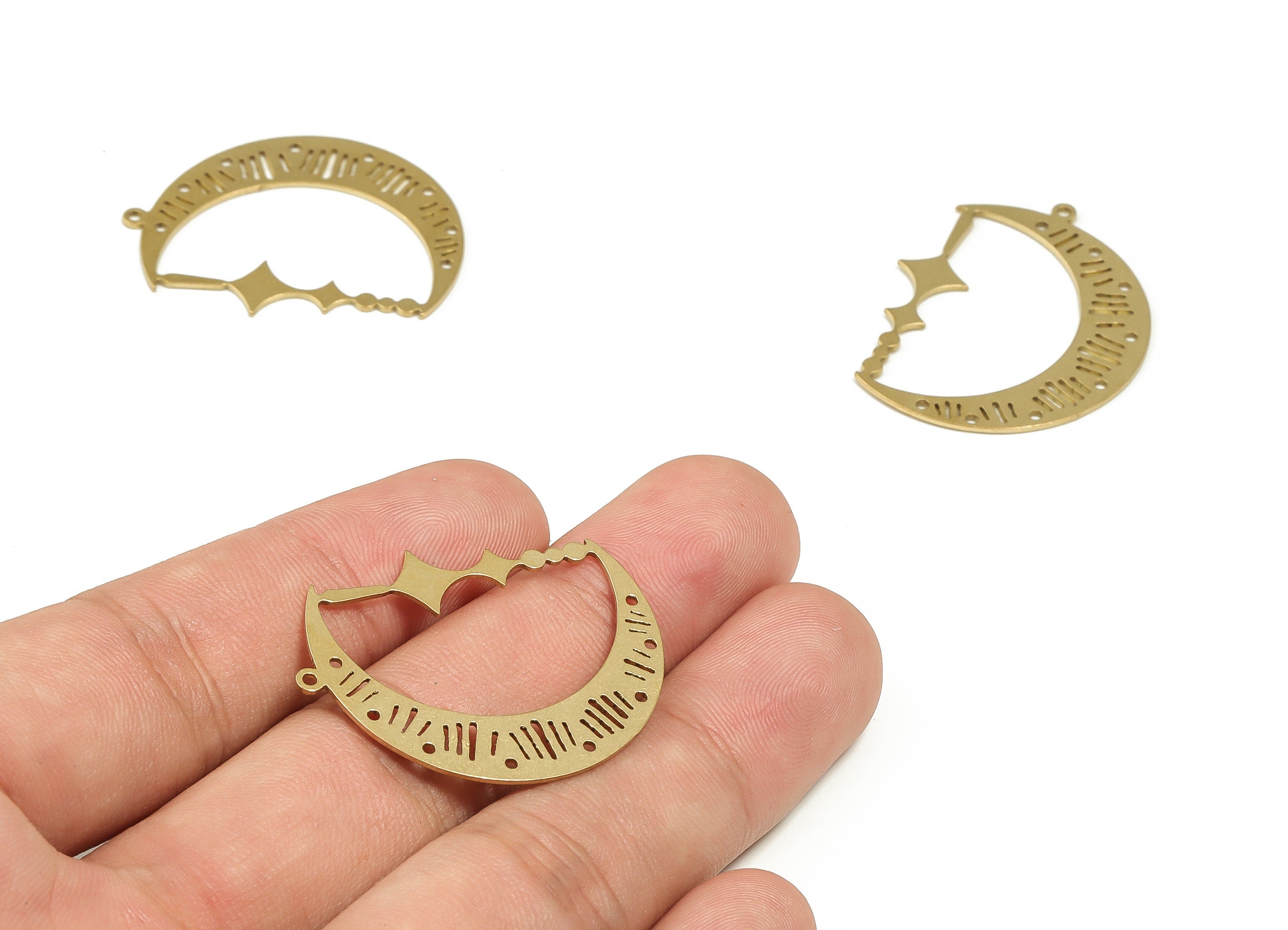 Brass Crescent Earring Charms - Raw Brass Moon Star Pendant - Earrings Findings - Jewelry Making Supplies - 34.92x27.52x0.73mm - PP4357 - DOMEDBAZAAR