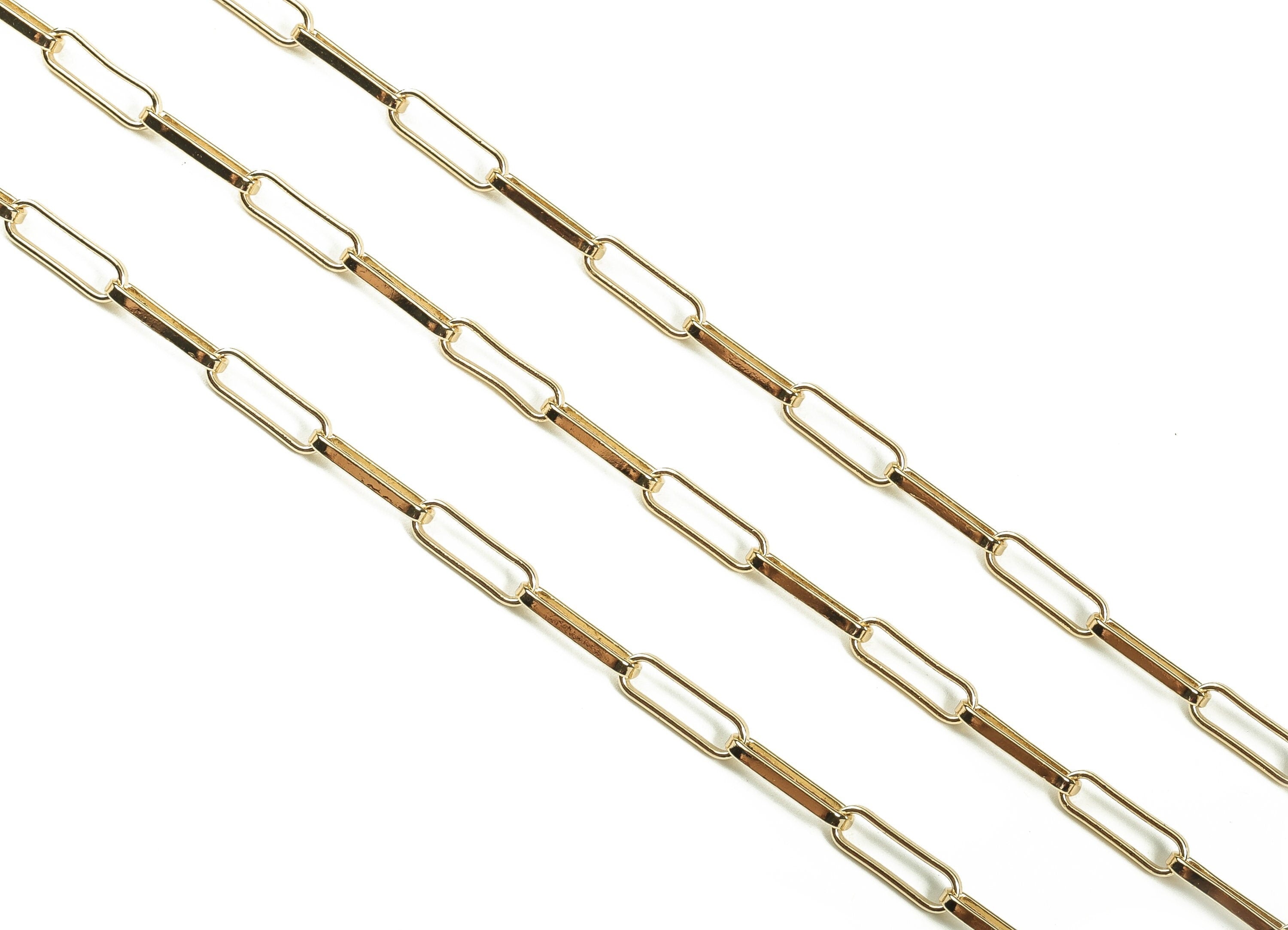 Brass Oval Rectangle Paper Clip Layering Chain - 18K Real Gold Oval Rolo Chain - Soldered Flat Cable Chain 0.56" x 0.19" x 0.06" RGP3692 - DOMEDBAZAAR