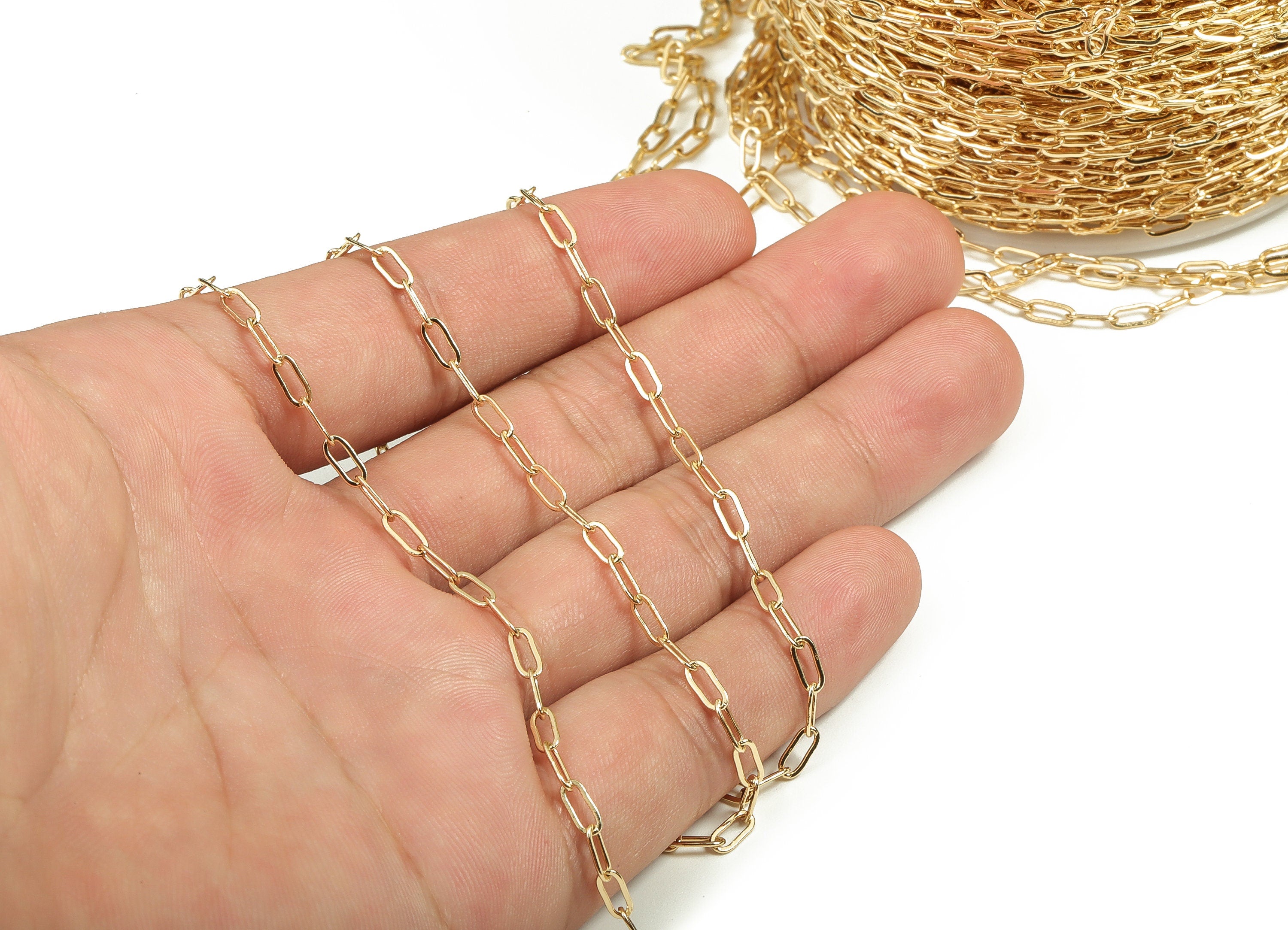 Brass Oval Rectangle Paper Clip Layering Chain - 18 Real Gold Oval Rolo Chain - Soldered Flat Cable Chain 0.24" x 0.11" x 0.16" RGP3942 - DOMEDBAZAAR