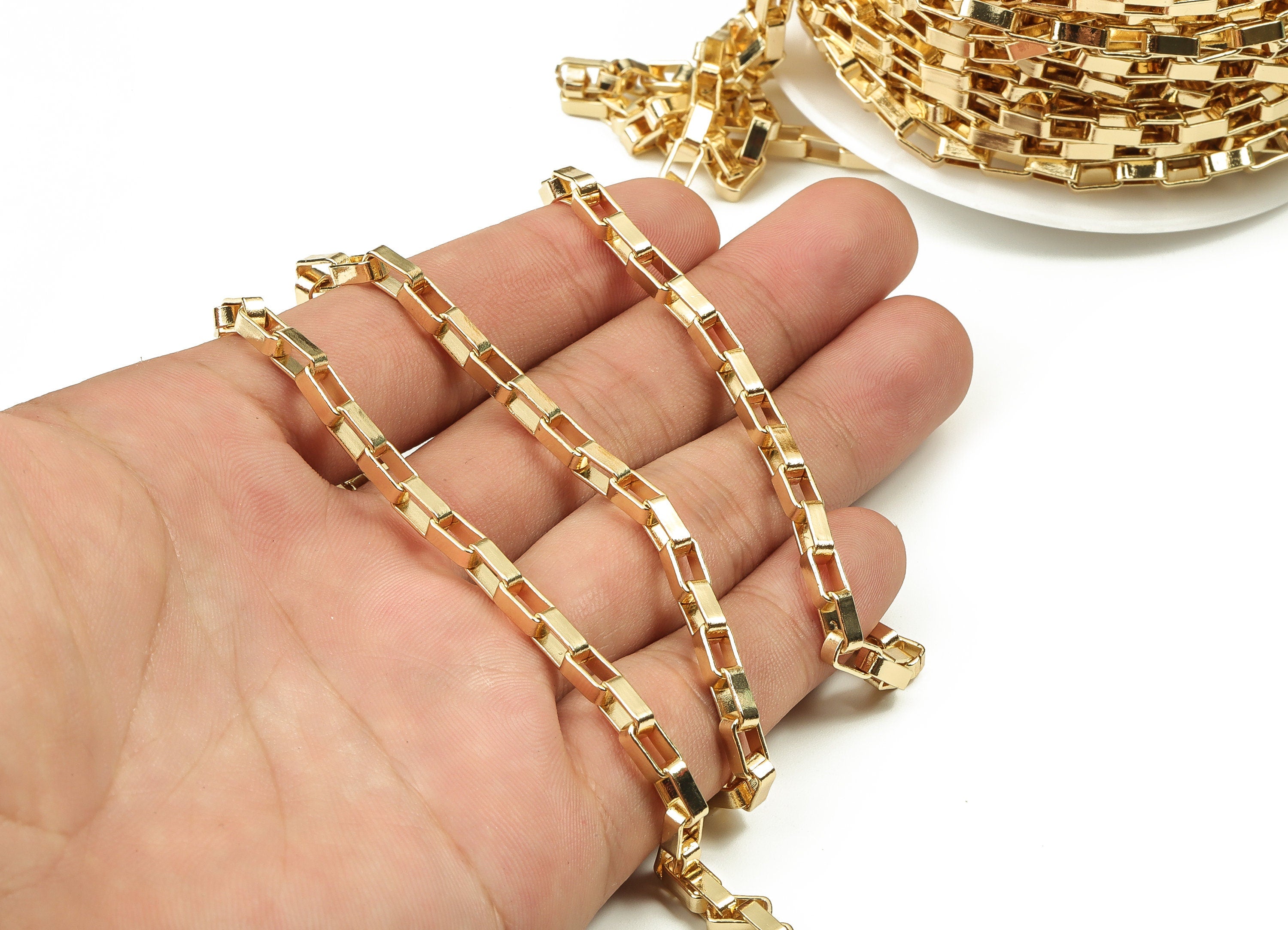 Brass Rectangle Paper Clip Layering Chain - 18 Real Gold Rectangle Openlink Chain - Flat Cable Chain 0.29" x 0.16" x 0.10" RGP3949 - DOMEDBAZAAR