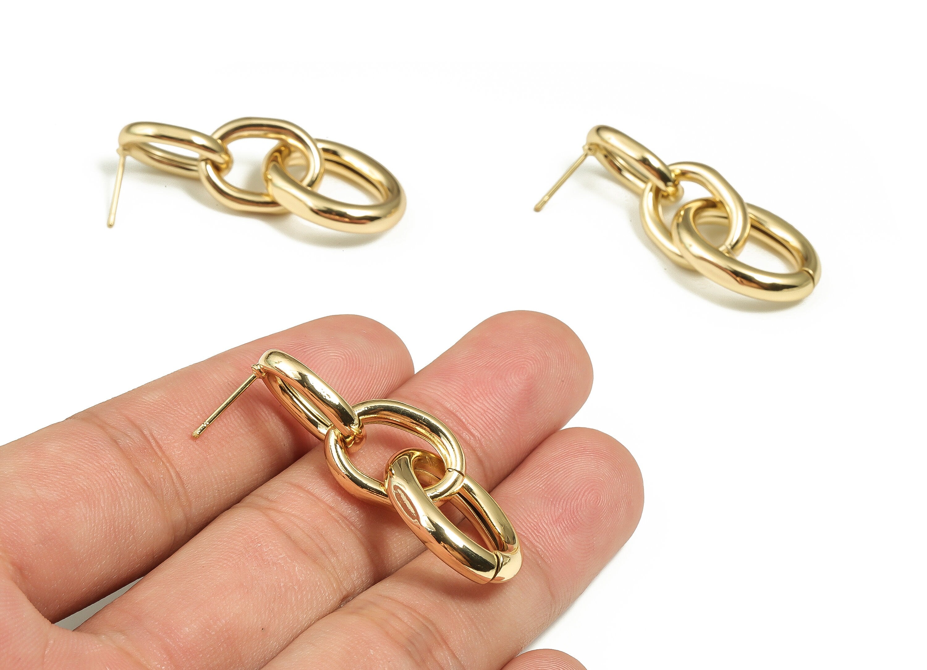 Brass Oval Earring Stud - 3 Oval Rings Earring Post – Oval Chain Stud - 18K Real Gold Plated Brass – Jewelry Supply - 21.2x4.05mm - RGP4034 - DOMEDBAZAAR