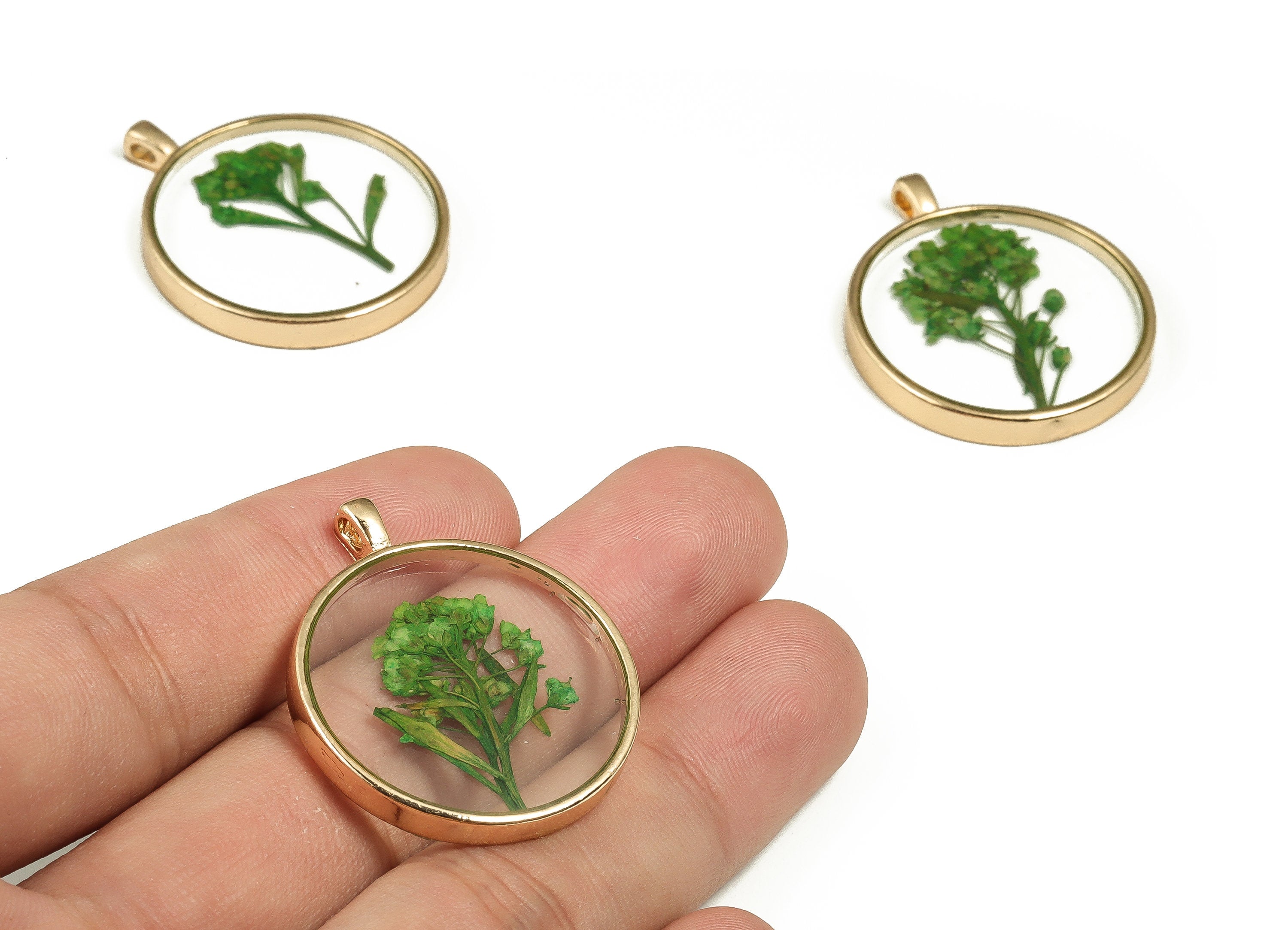 Epoxy Resin Round Real Flower Earring Charms - Epoxy Resin Sweet Alyssum Pendant - Gold Tone Plated Alloy - 34.65x29.21x3.79mm - ZZ1898 - DOMEDBAZAAR