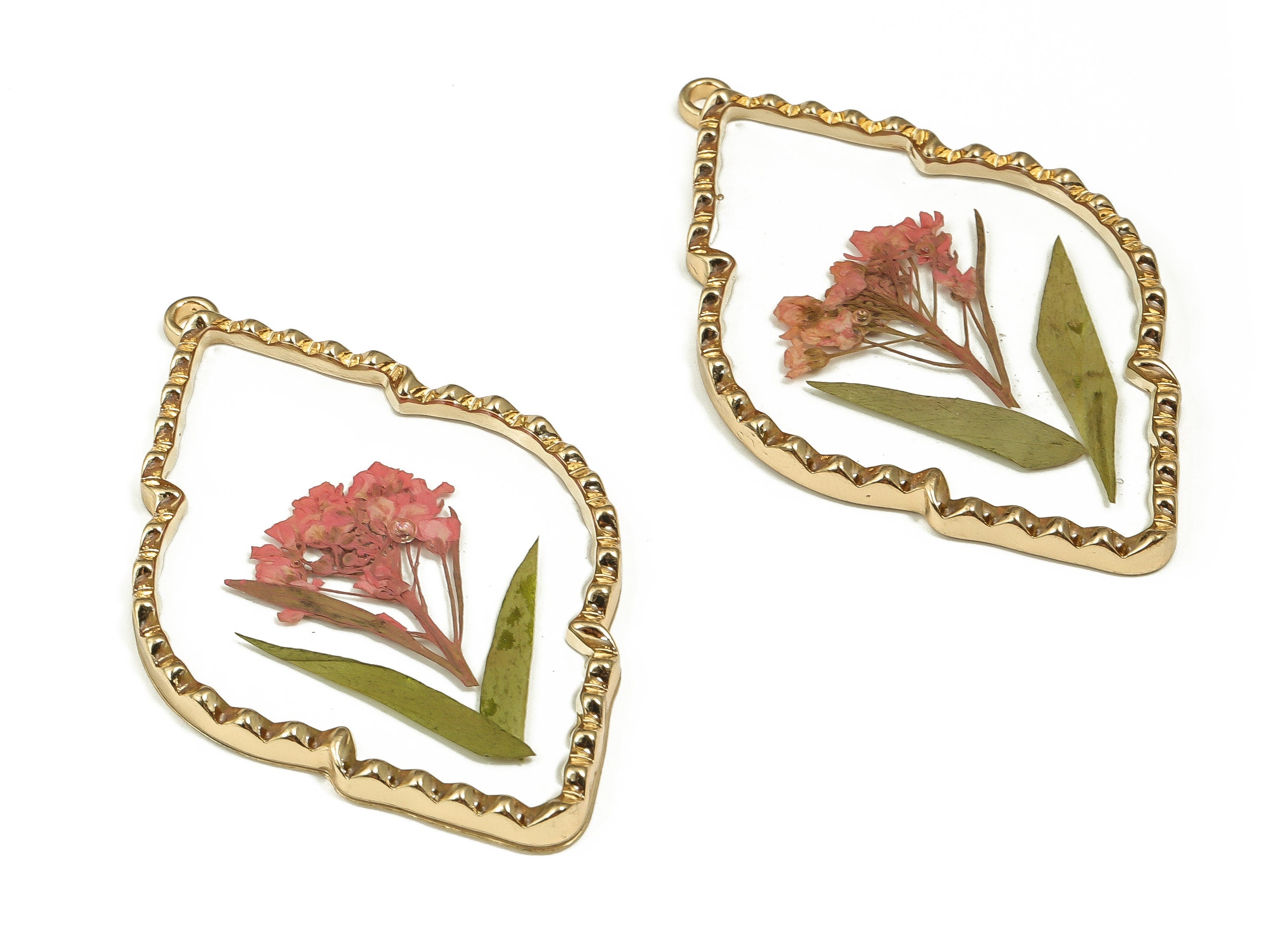 Epoxy Resin Diamond Real Flower Earring Charms - Epoxy Resin Sweet Alyssum Pendant - Gold Tone Plated Alloy - 55.59x33.96x3.14mm - ZZ1926 - DOMEDBAZAAR