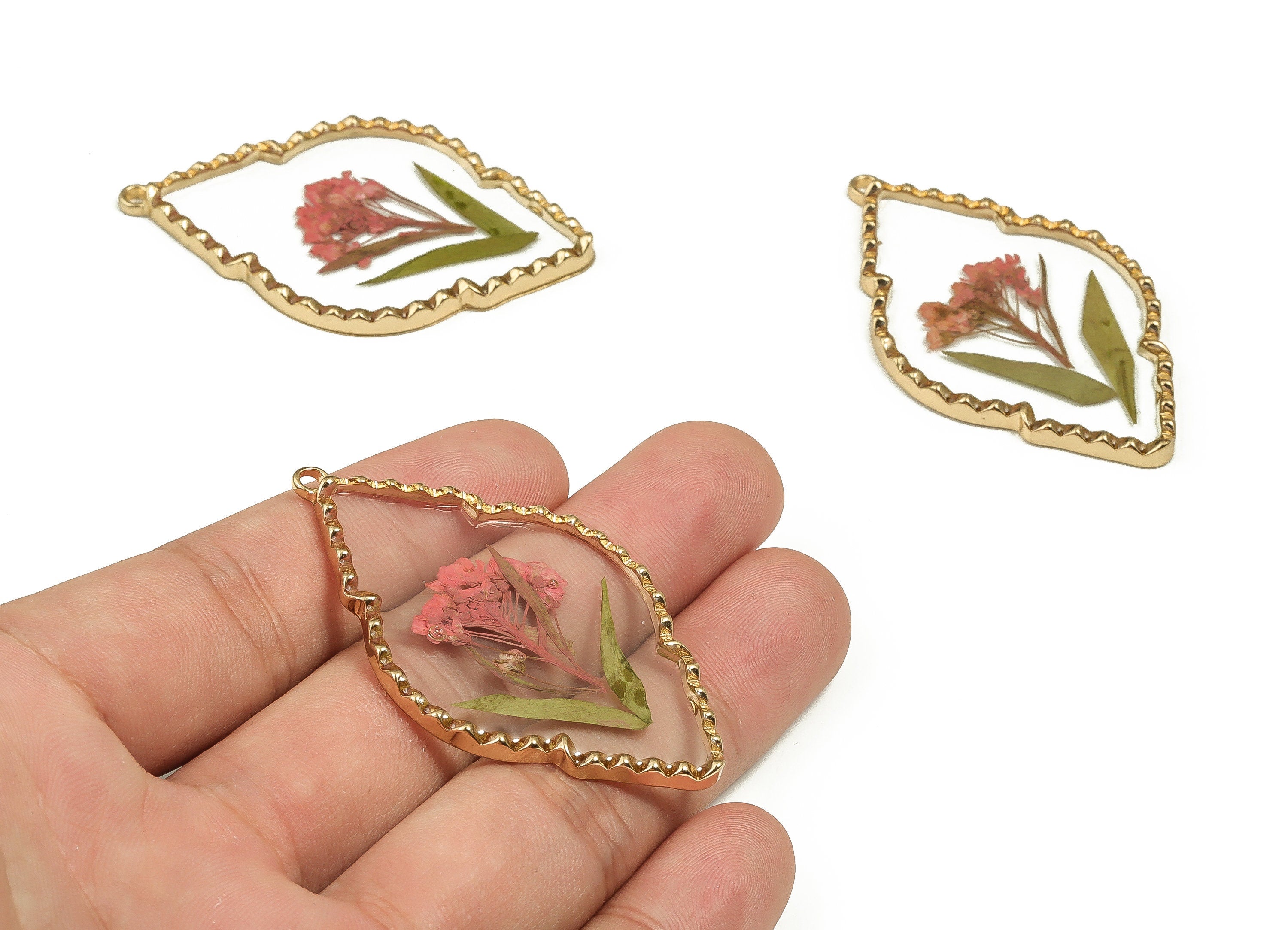 Epoxy Resin Diamond Real Flower Earring Charms - Epoxy Resin Sweet Alyssum Pendant - Gold Tone Plated Alloy - 55.59x33.96x3.14mm - ZZ1926 - DOMEDBAZAAR