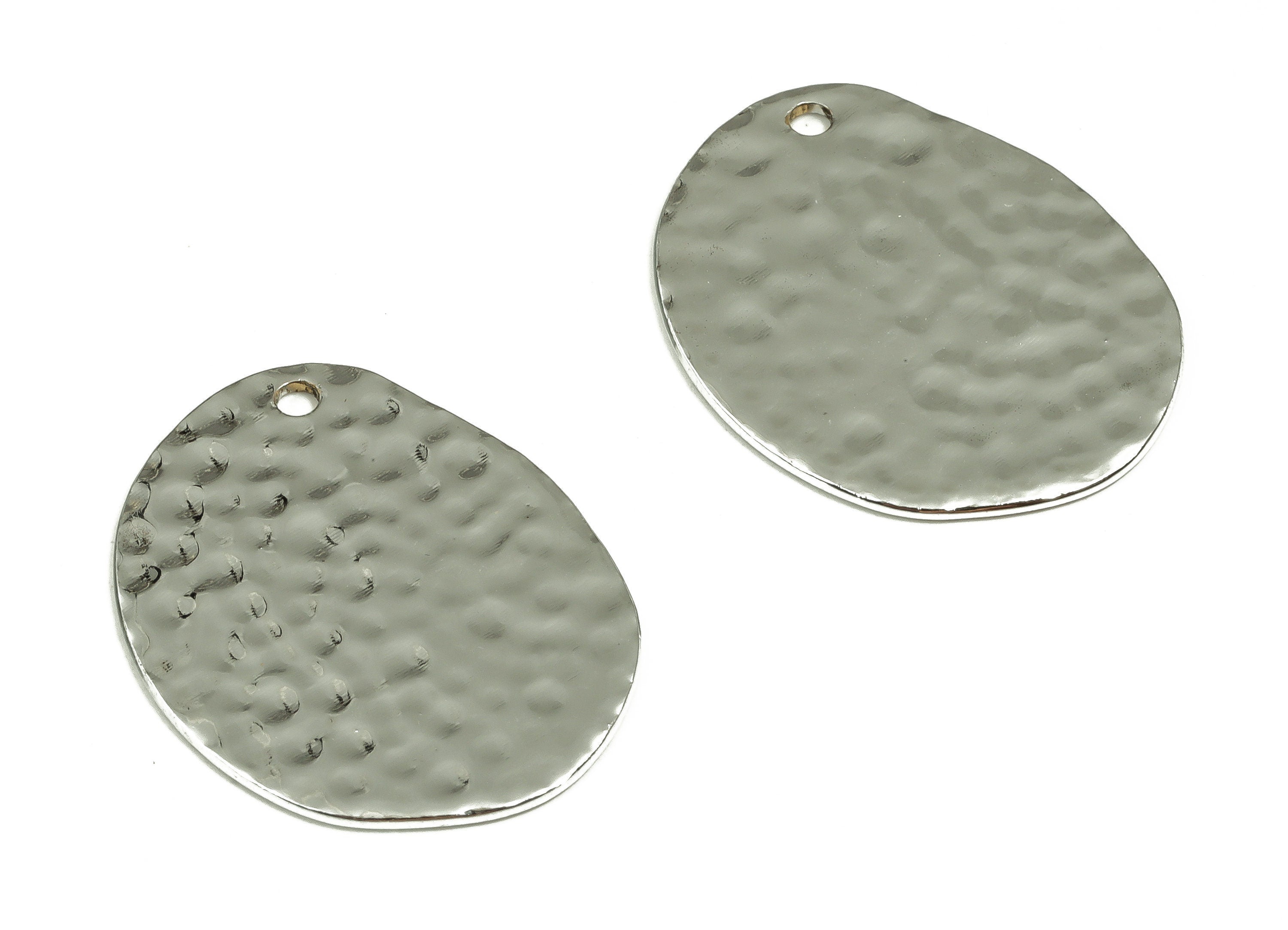 Brass Hammered Oval Earring Charms - Brass Oval Pendant - Silver Tone Plated Brass - Jewelry Making Supplies - 24.96x19.17x0.91mm - PP1375S - DOMEDBAZAAR