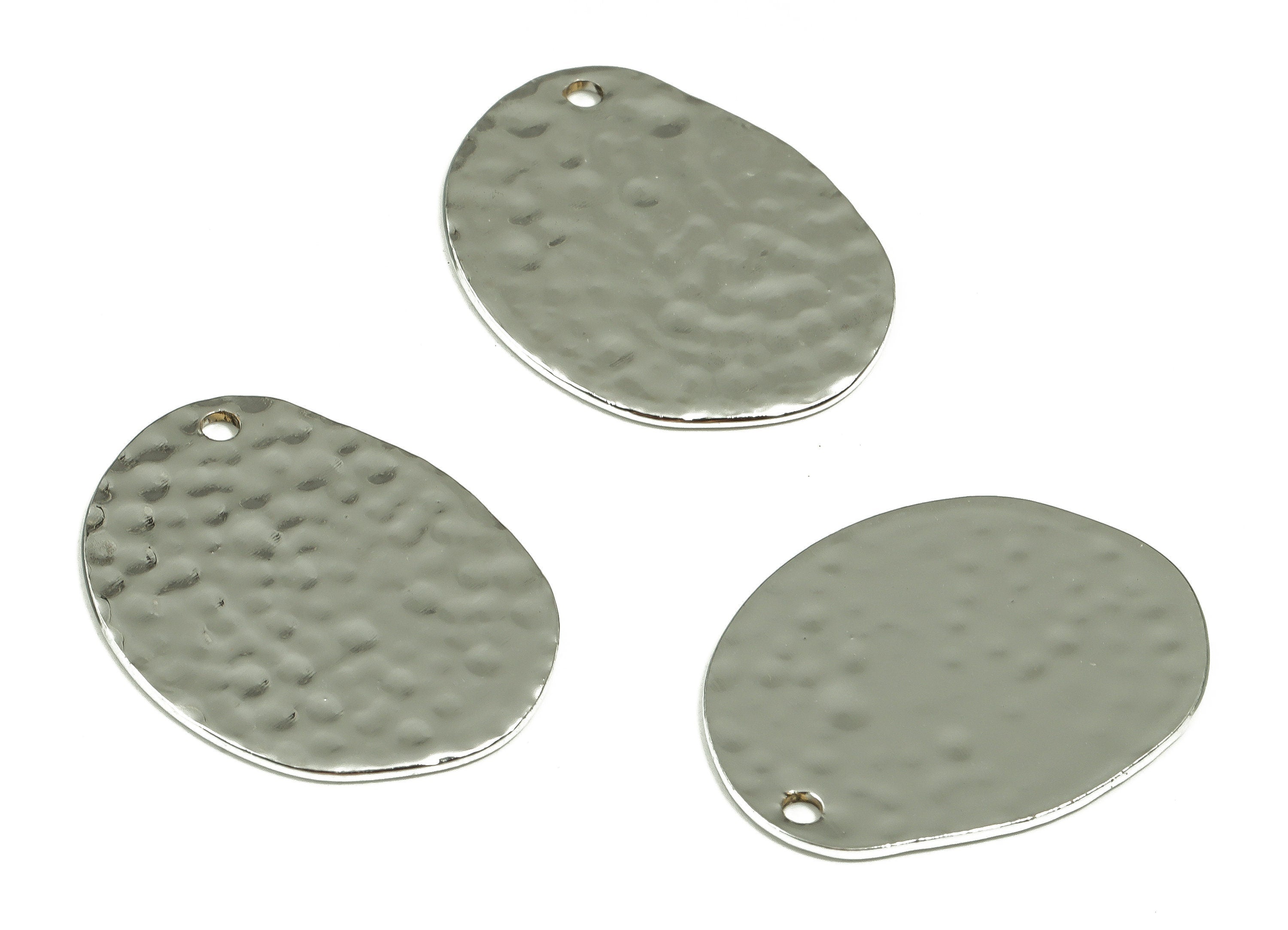 Brass Hammered Oval Earring Charms - Brass Oval Pendant - Silver Tone Plated Brass - Jewelry Making Supplies - 24.96x19.17x0.91mm - PP1375S - DOMEDBAZAAR