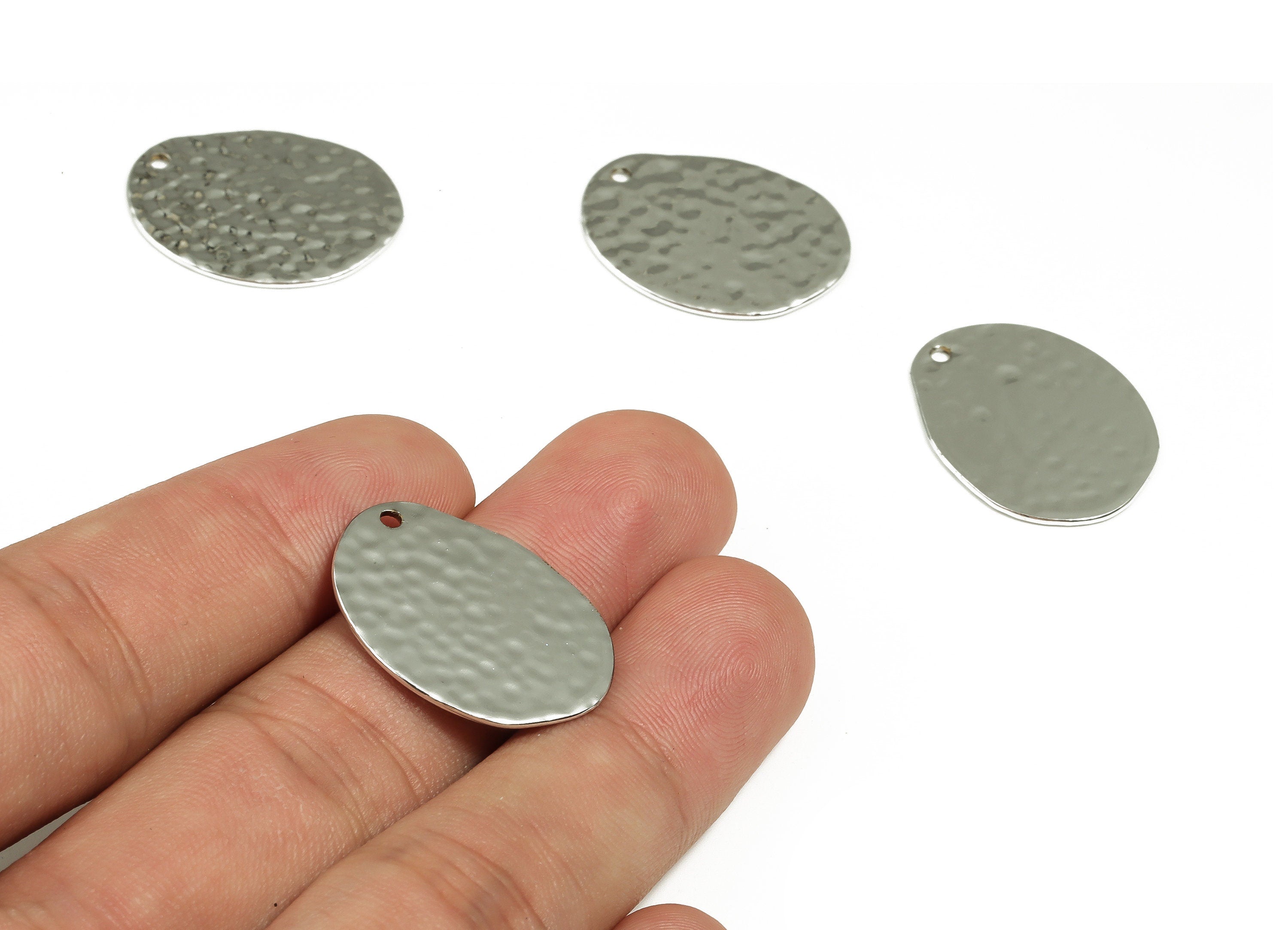 Brass Hammered Oval Earring Charms - Brass Oval Pendant - Silver Tone Plated Brass - Jewelry Making Supplies - 24.96x19.17x0.91mm - PP1375S - DOMEDBAZAAR