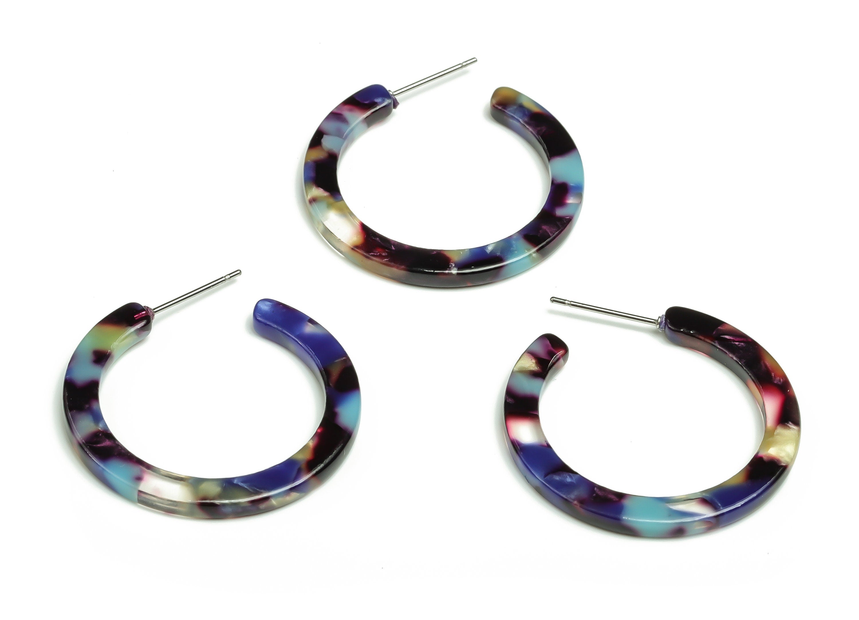 Open Hoop Earrings Stud - 1.2 inch Hoop Earring - Blue Mix Round Earring Post - Color Code: A55 - 31.13x30.62x2.66mm - AC1829-A55 - DOMEDBAZAAR