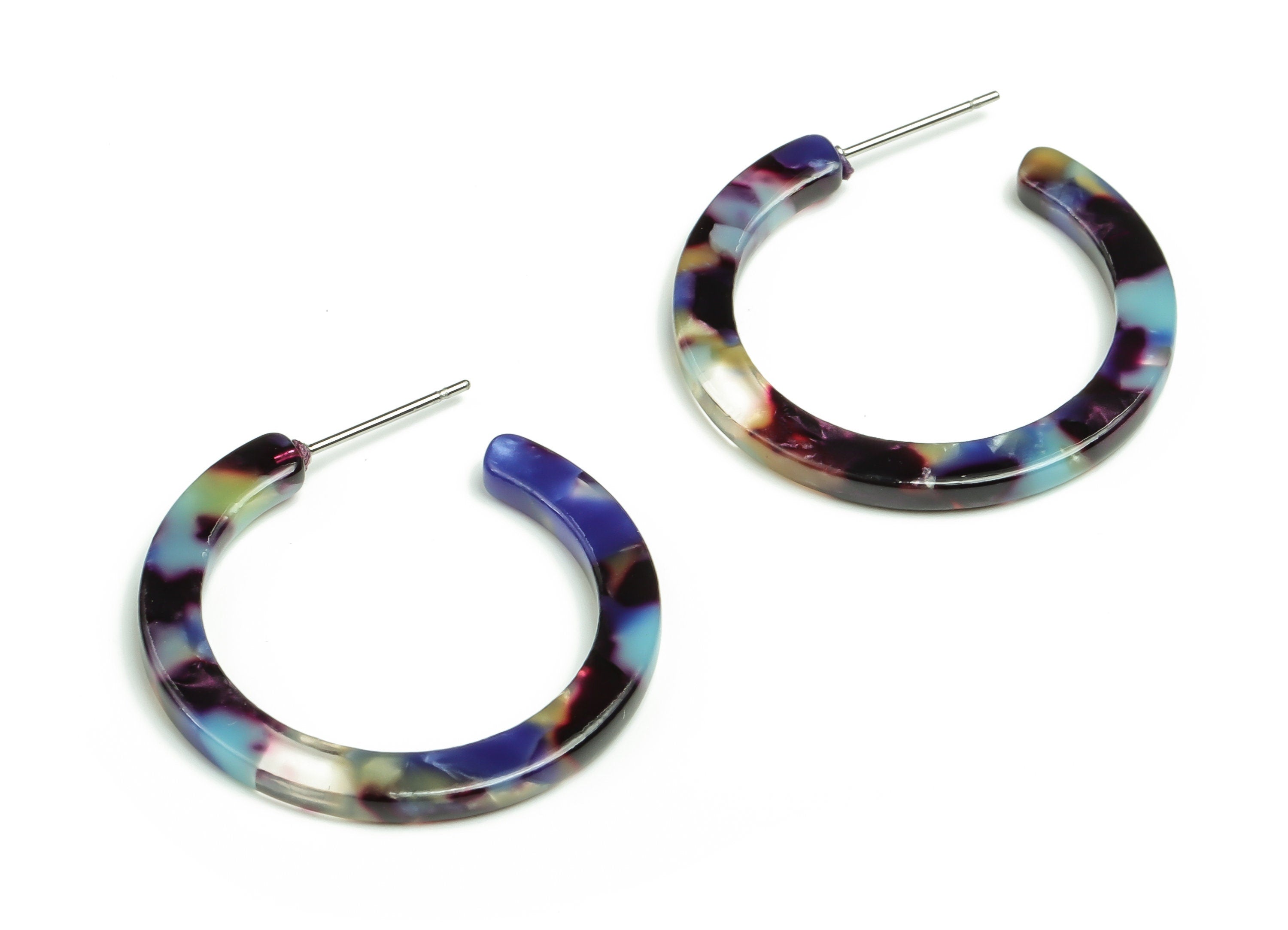 Open Hoop Earrings Stud - 1.2 inch Hoop Earring - Blue Mix Round Earring Post - Color Code: A55 - 31.13x30.62x2.66mm - AC1829-A55 - DOMEDBAZAAR